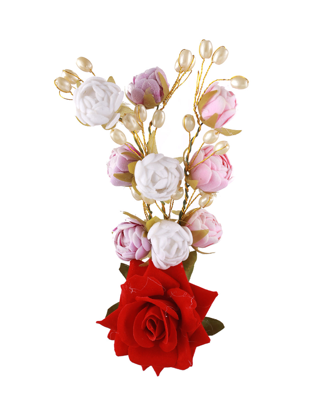 Women Red Rose wth White & Mauve Embellished Artificial Flower & Pearl Beaded Gajra Designed Hair Pin - Jazzandsizzle