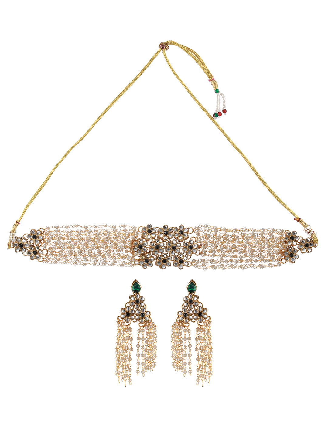 Gold-Plated Green Kundan Studded & Pearl Beaded Multilayered Choker Jewellery Set - Jazzandsizzle