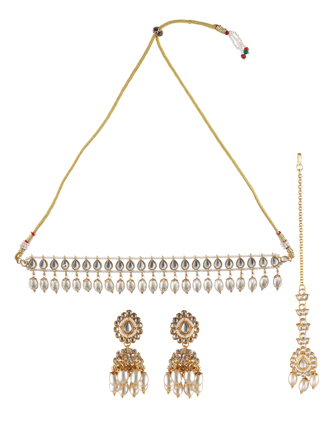 Gold-Plated White Kundan Studded & Beaded Choker Jewellery Set with Maangtikka - Jazzandsizzle