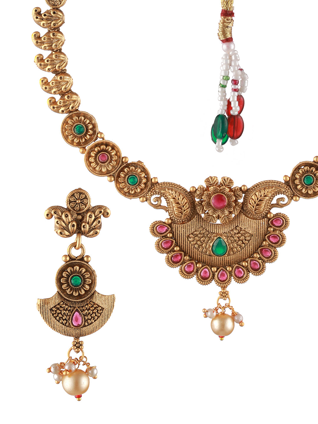 Gold-Plated Red & Green Stone Studded & Pearl Drop Handcrafted Jewellery Set - Jazzandsizzle