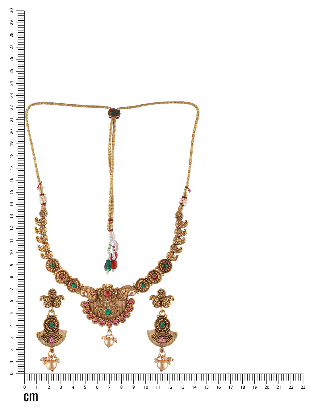Gold-Plated Red & Green Stone Studded & Pearl Drop Handcrafted Jewellery Set - Jazzandsizzle