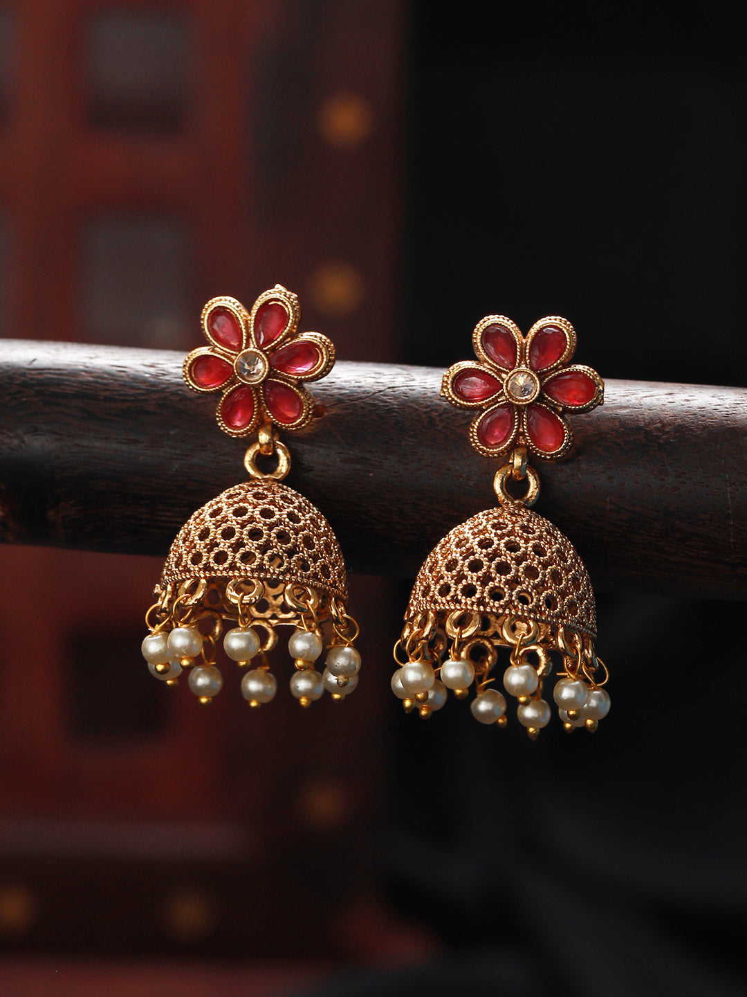 Gold Plated & Red Stone Studded, Pearl Beaded Dome Shaped Jhumka Earring - Jazzandsizzle