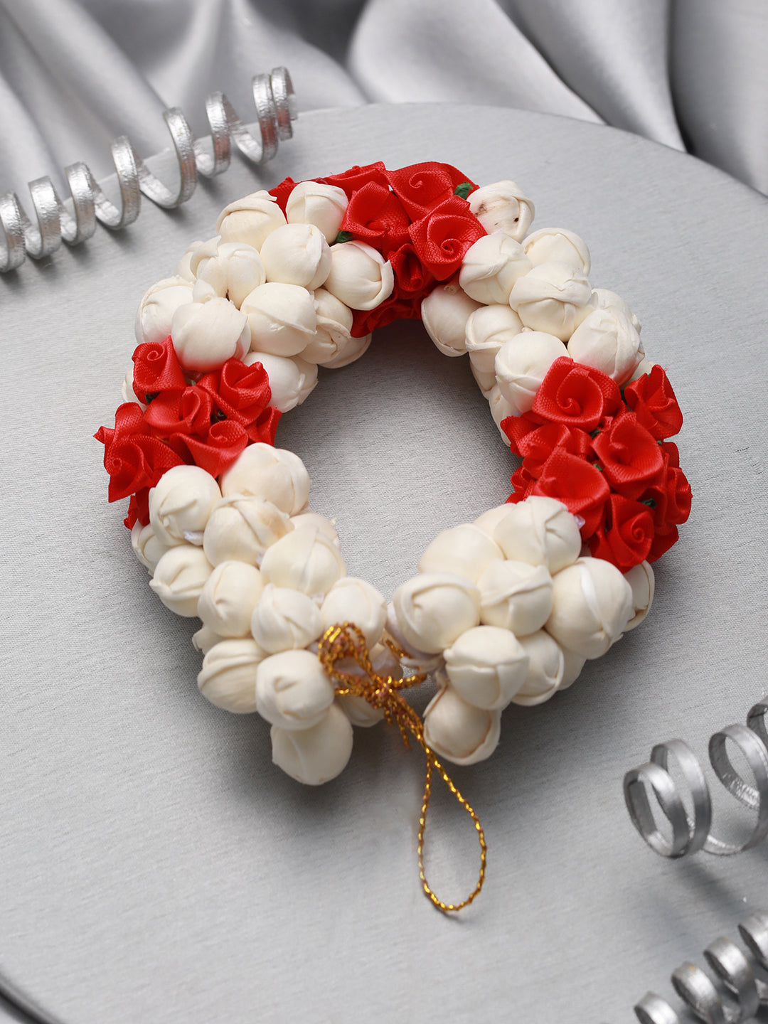 Women Red Rose & White Mogra Artificial Flower Gajra Floral Hair Bun - Jazzandsizzle