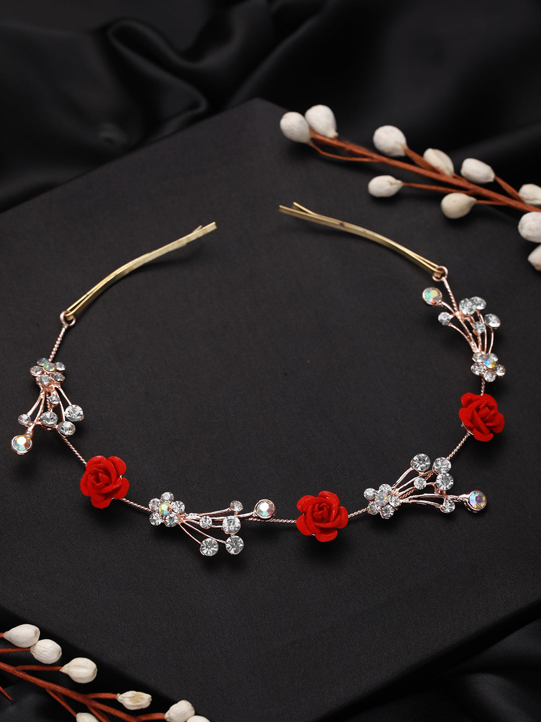 Women Red-Coloured Rose & White Embellished Hand Made Pearl Floral Hair Vine - Jazzandsizzle