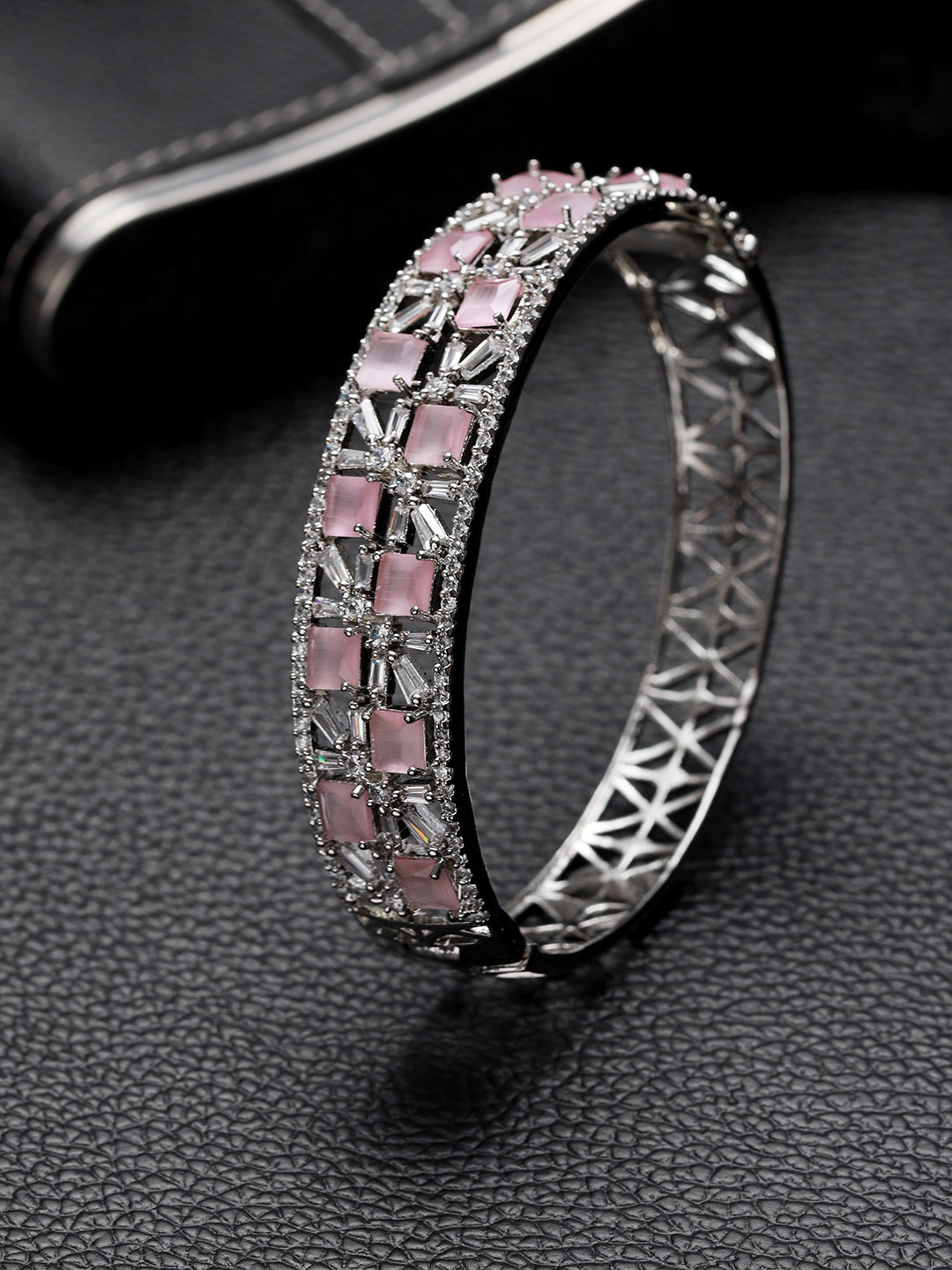 Silver Plated Pink American Diamond Studded Handcrafted Bangle Style Bracelet - Jazzandsizzle