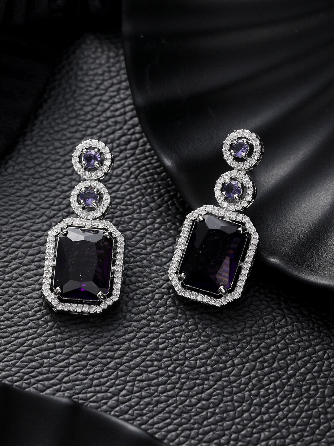 Silver Plated Purple American Diamond Studded Drop Earrings - Jazzandsizzle