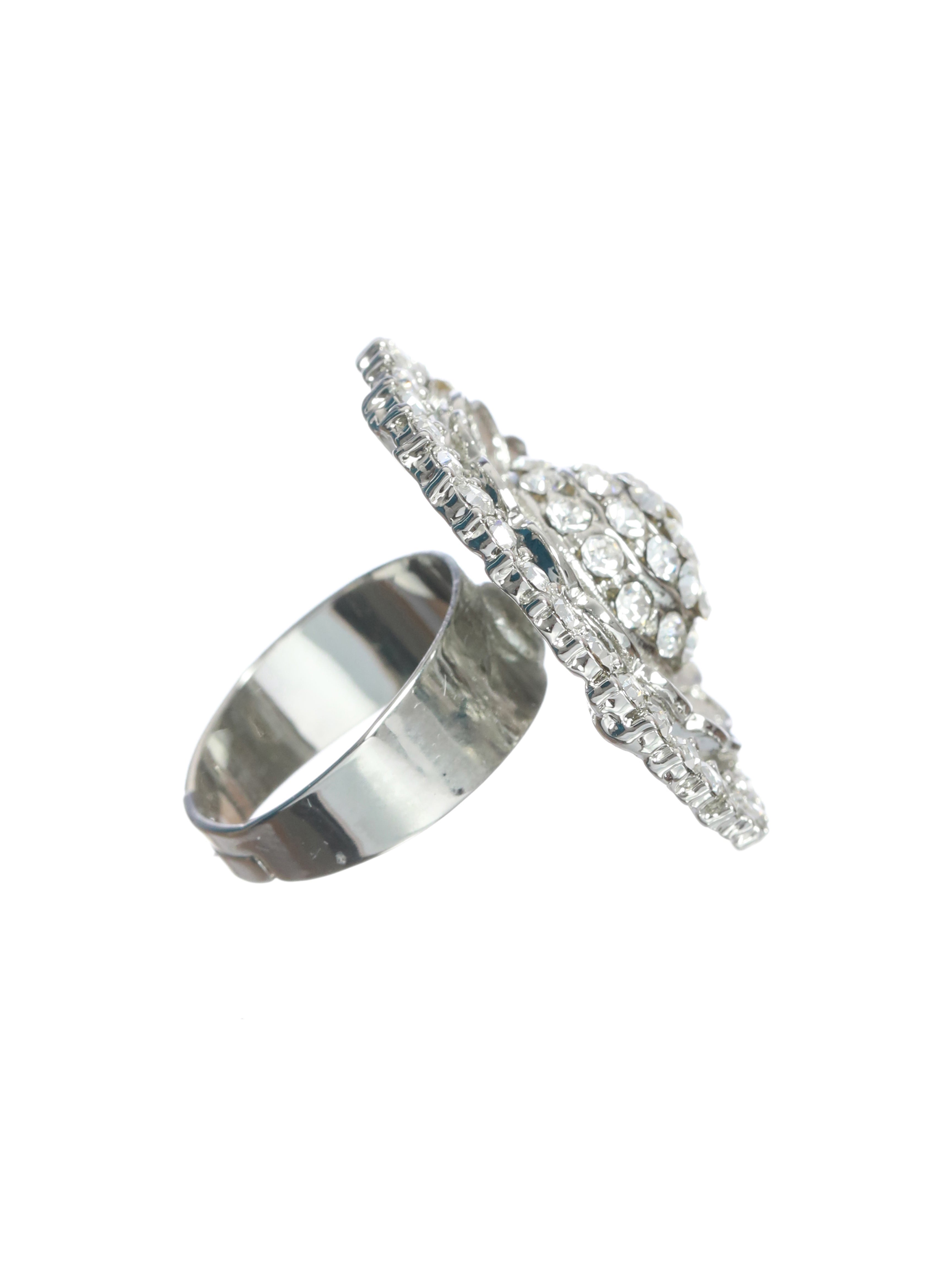 Silver-Plated CZ Studded Flower shaped Adjustable Finger Ring - Jazzandsizzle