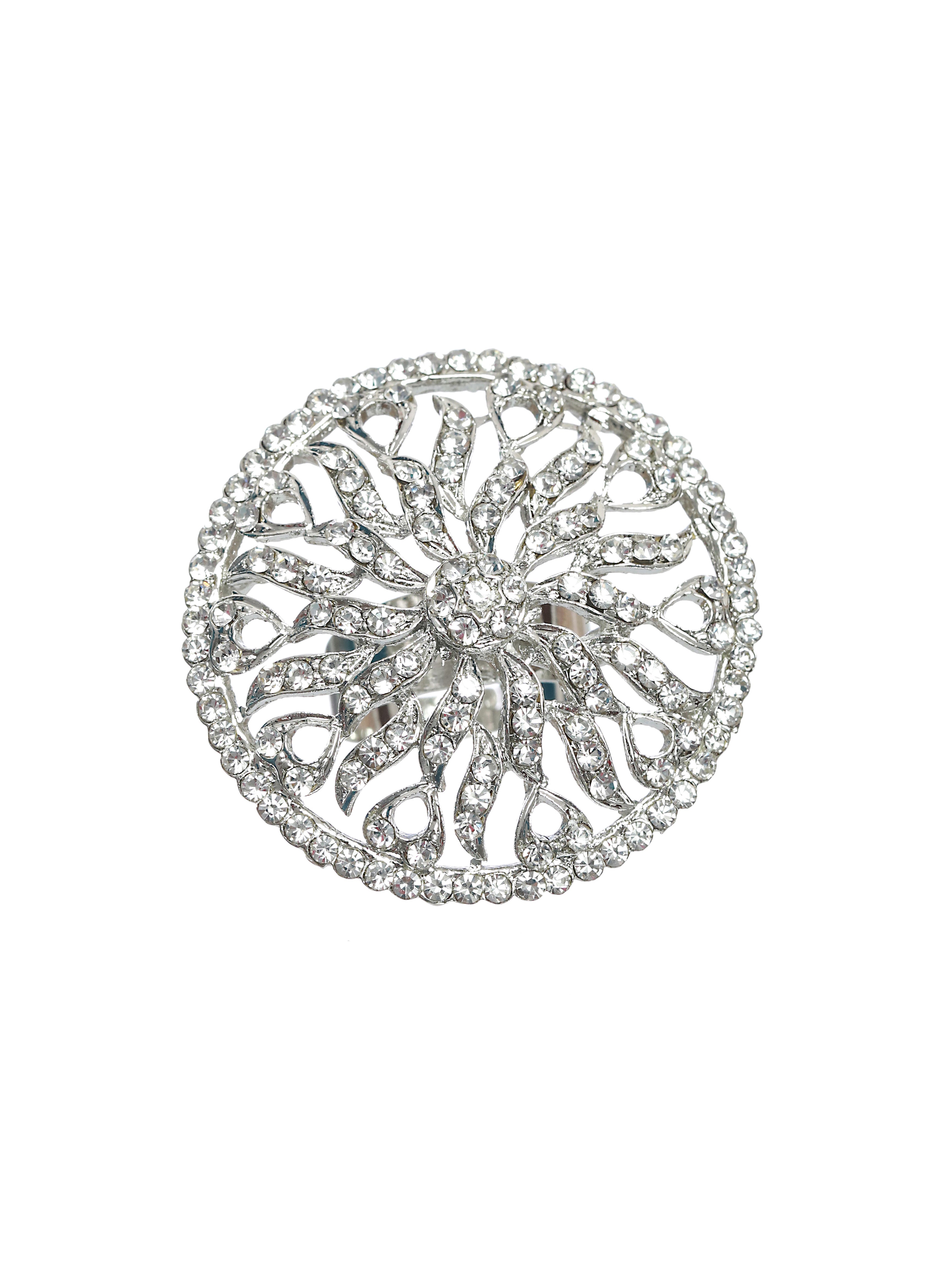 Silver-Plated CZ Studded Circular Adjustable Finger Ring - Jazzandsizzle