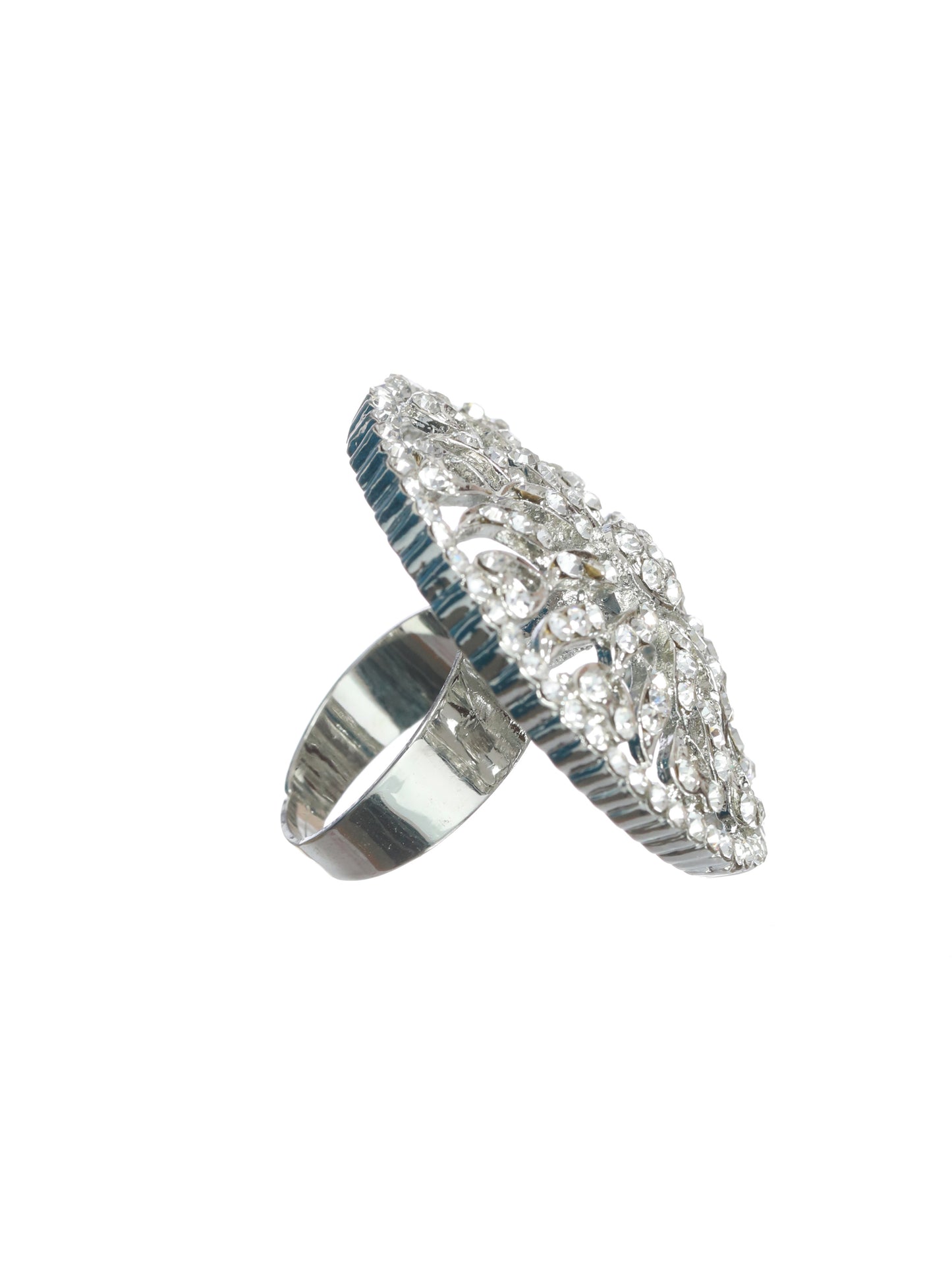 Silver-Plated CZ Studded Circular Adjustable Finger Ring - Jazzandsizzle