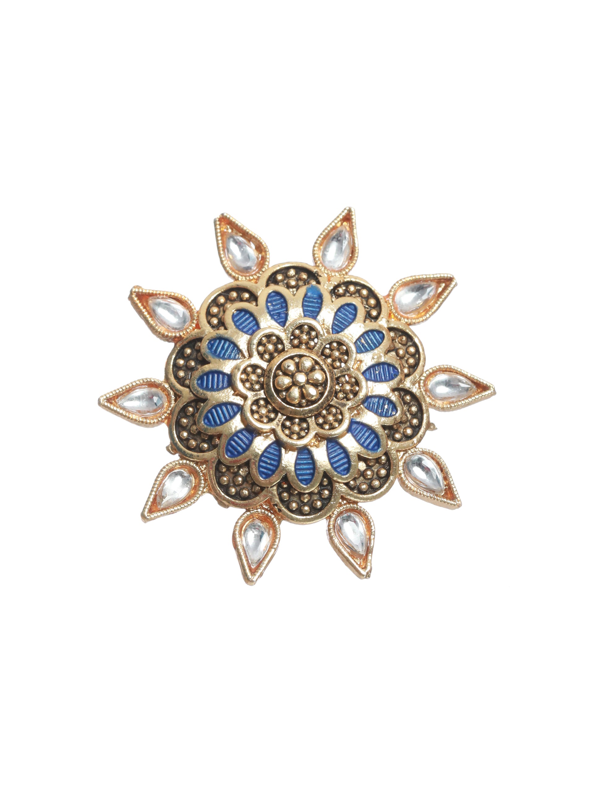 Gold-Plated Blue Enamelled White stone Studded Handcrafted Adjustable Finger Ring - Jazzandsizzle