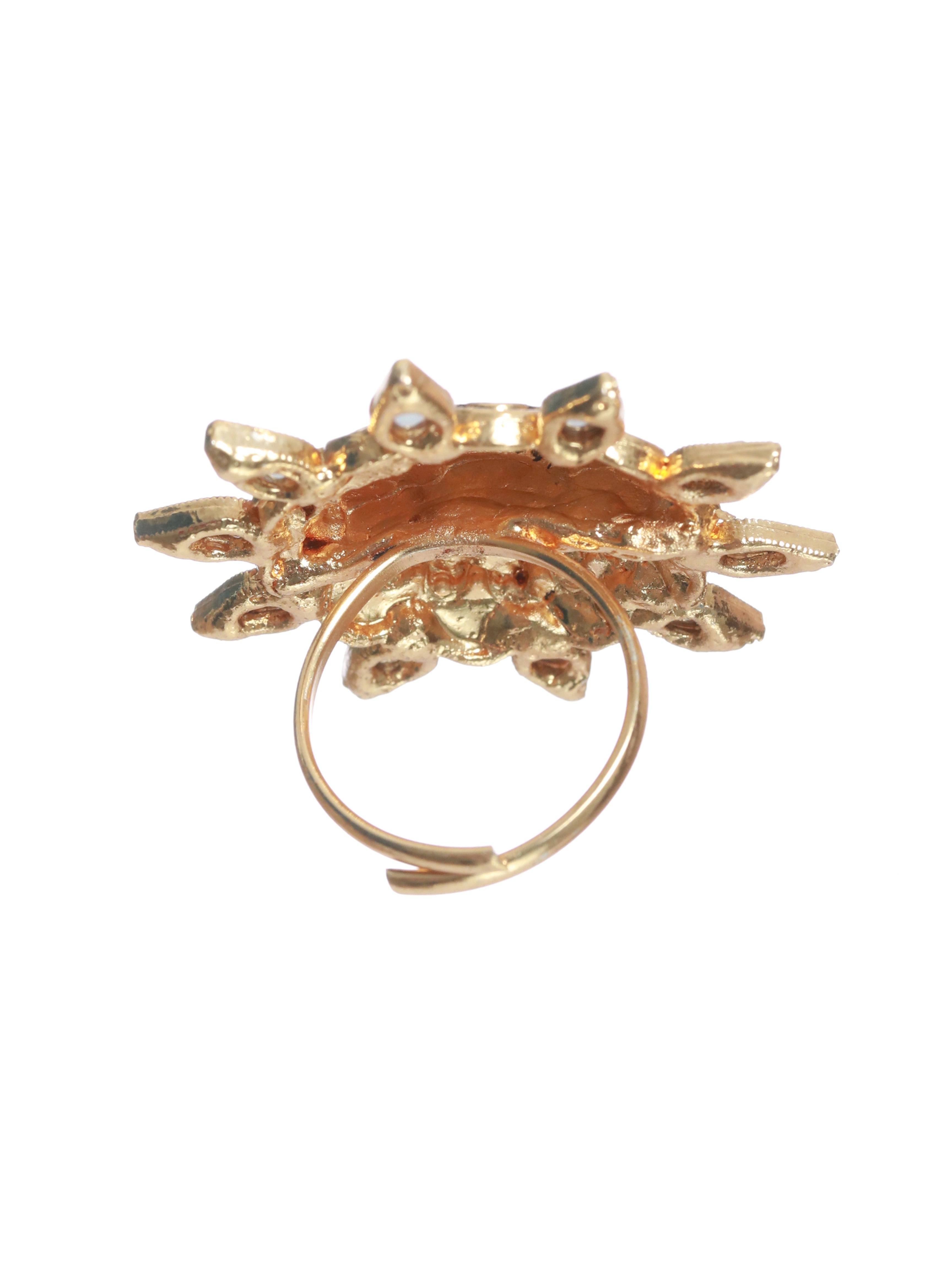 Gold-Plated Blue Enamelled White stone Studded Handcrafted Adjustable Finger Ring