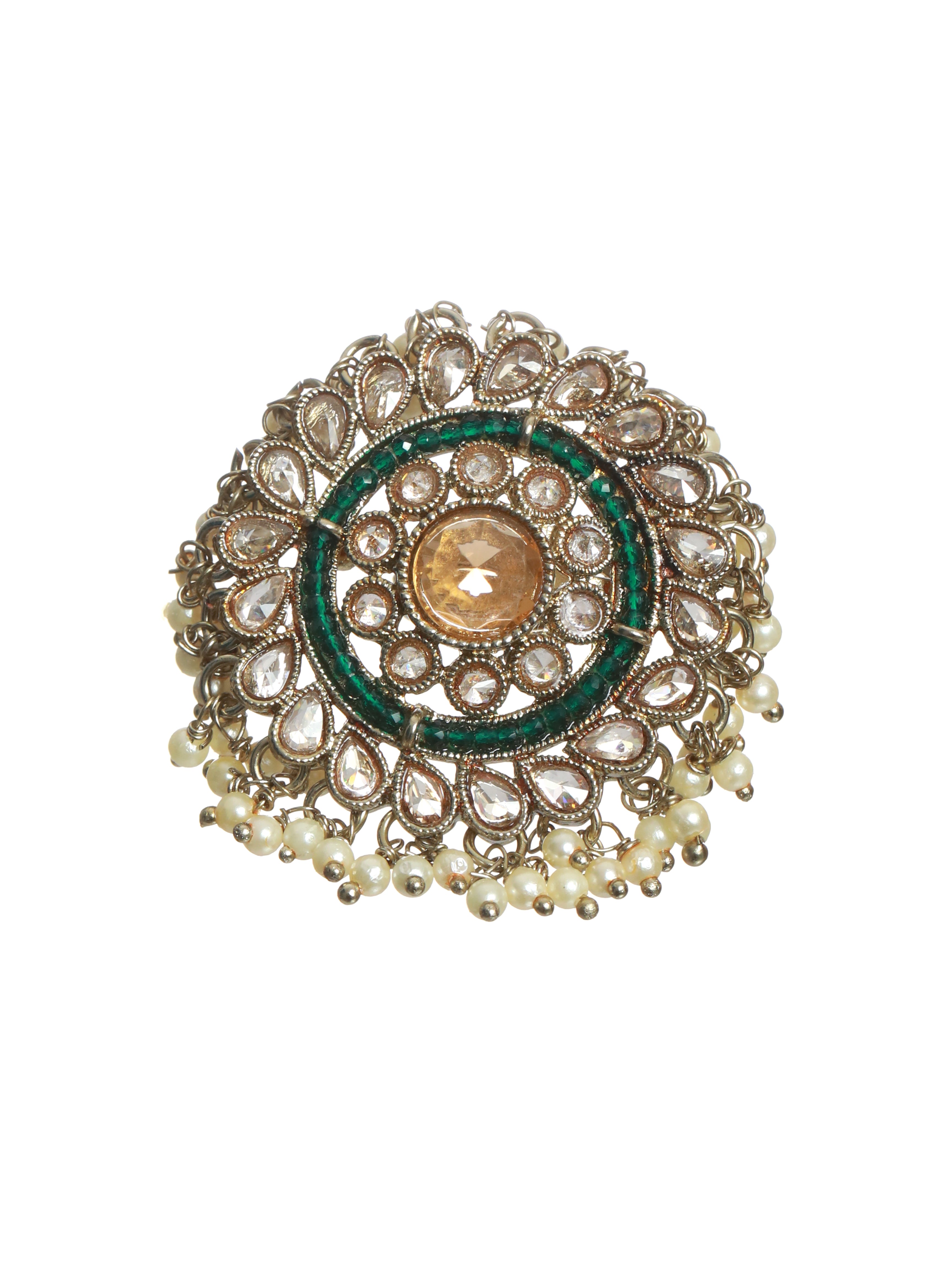 Gold-Plated Green & White Kundan-Studded & Beaded Adjustable Finger Ring - Jazzandsizzle