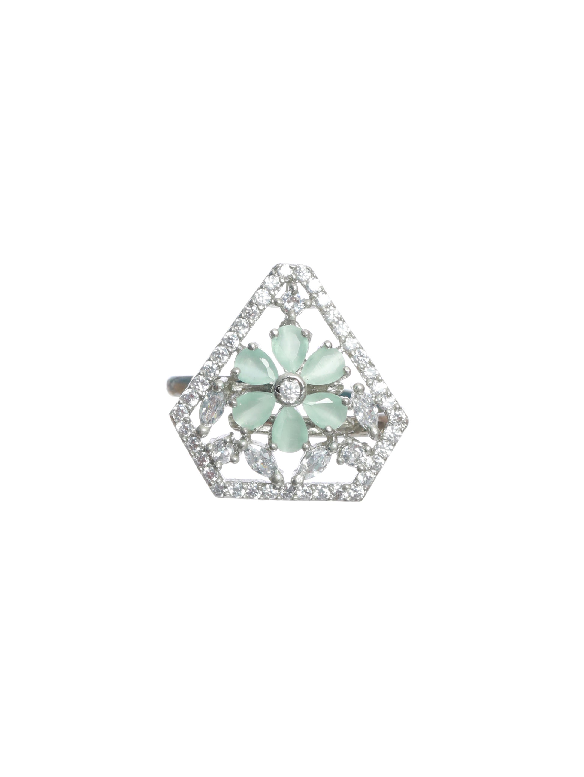 Silver-Plated Mint Green AD Studded Adjustable Finger Ring - Jazzandsizzle