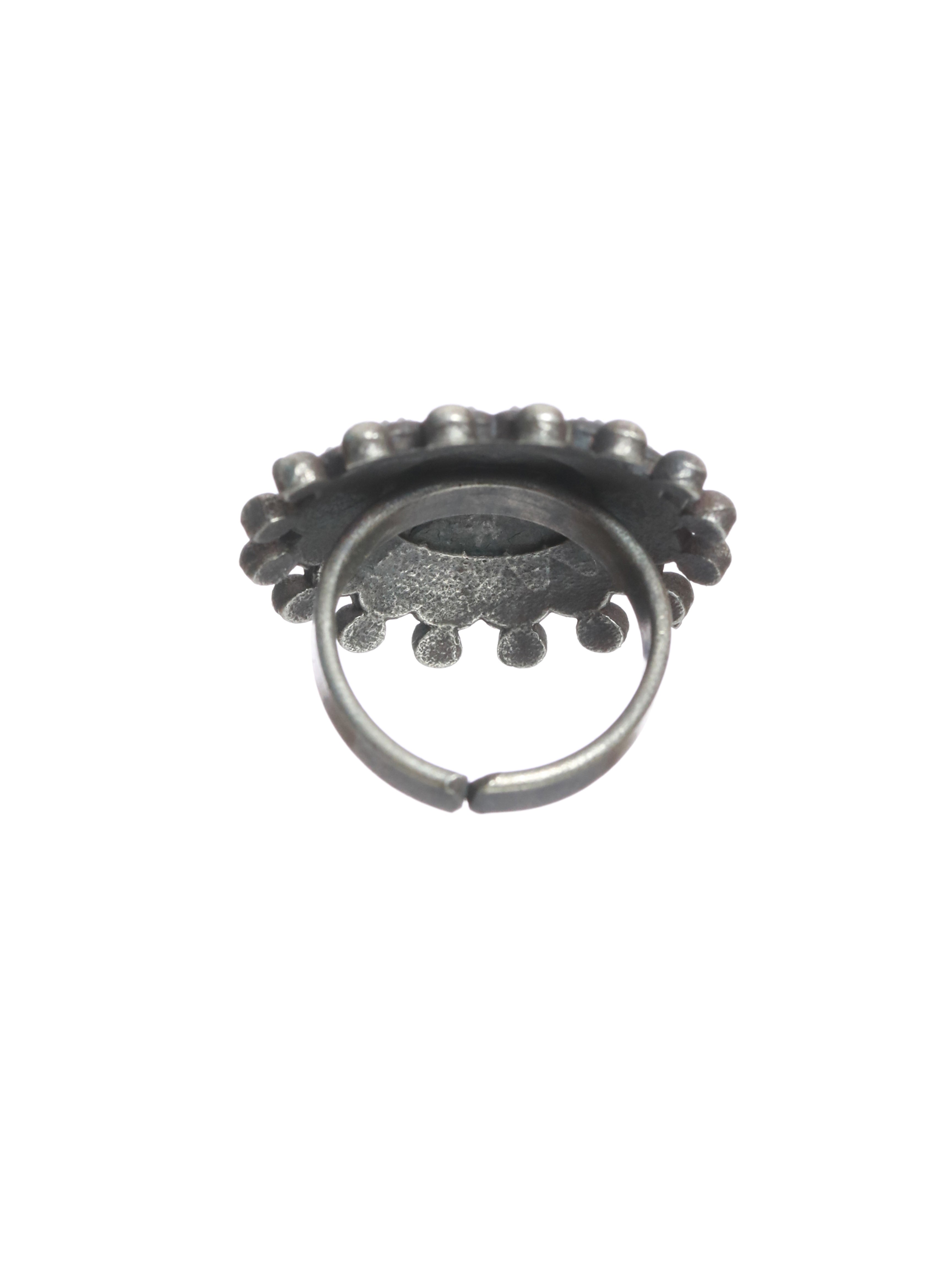 Oxidized Silver-Toned & Beaded Adjustable Finger Ring - Jazzandsizzle