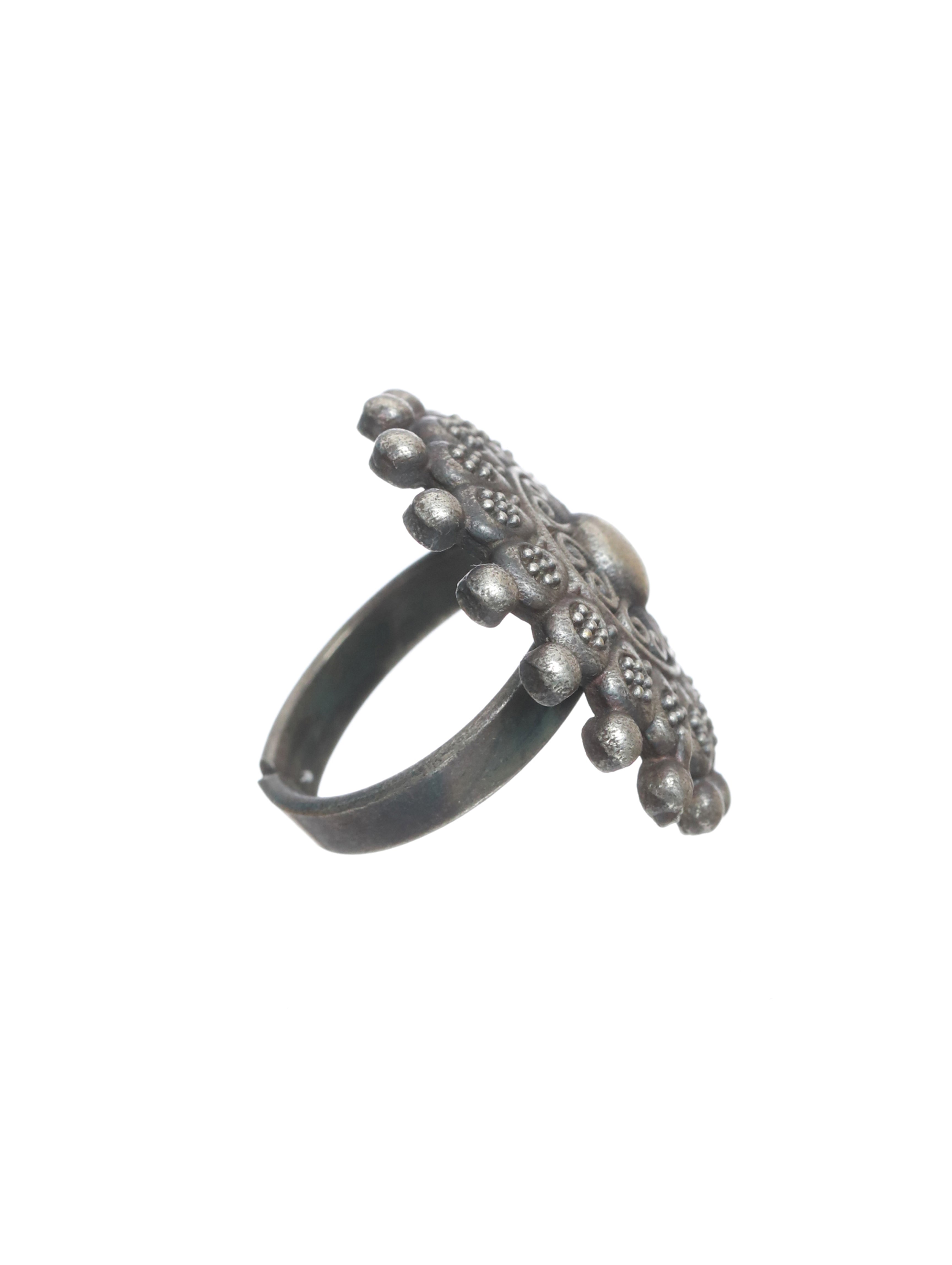 Oxidized Silver-Toned & Beaded Adjustable Finger Ring - Jazzandsizzle