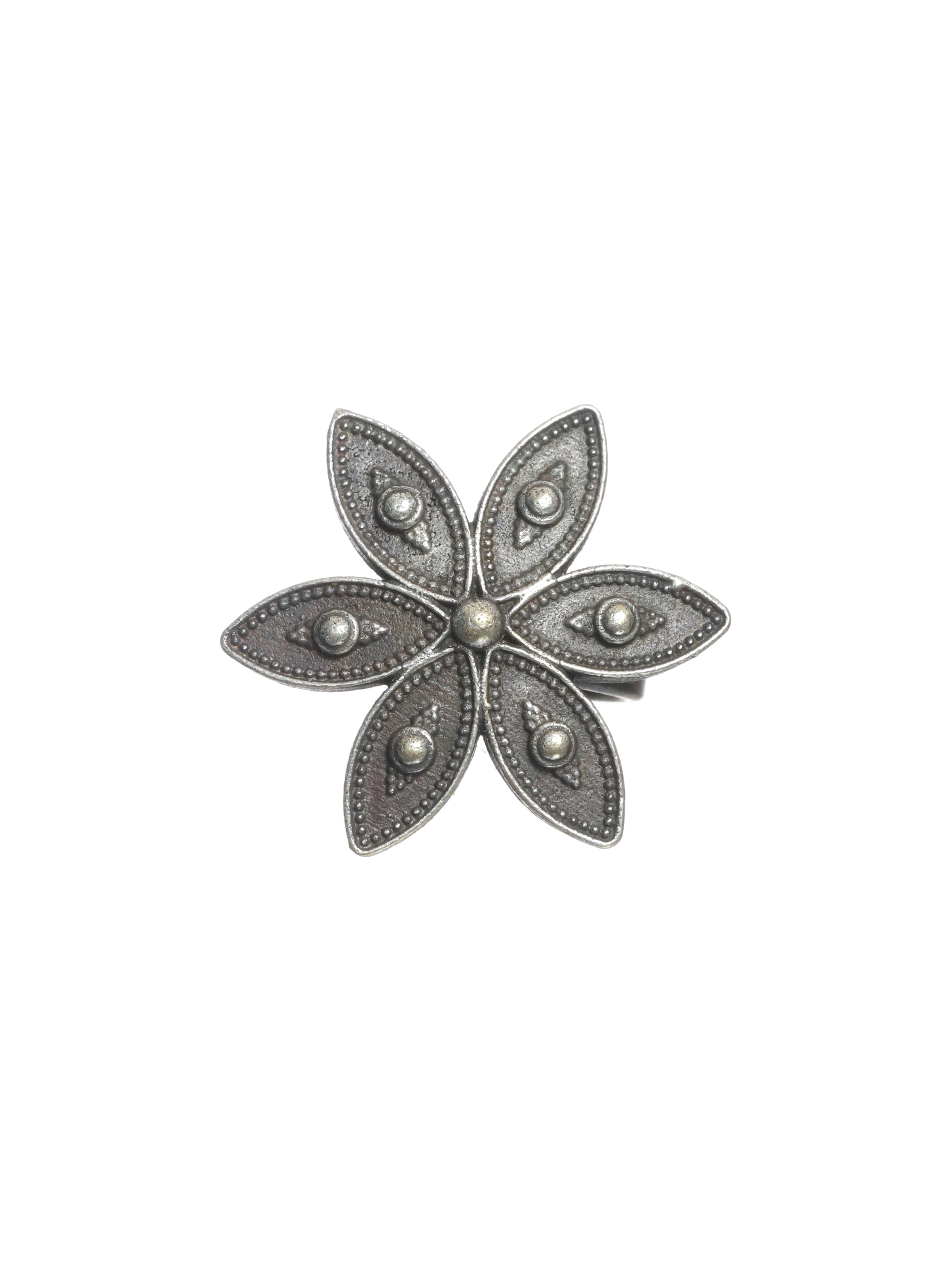 Oxidised Floral-Shaped Silver-Plated Adjustable Finger Ring - Jazzandsizzle