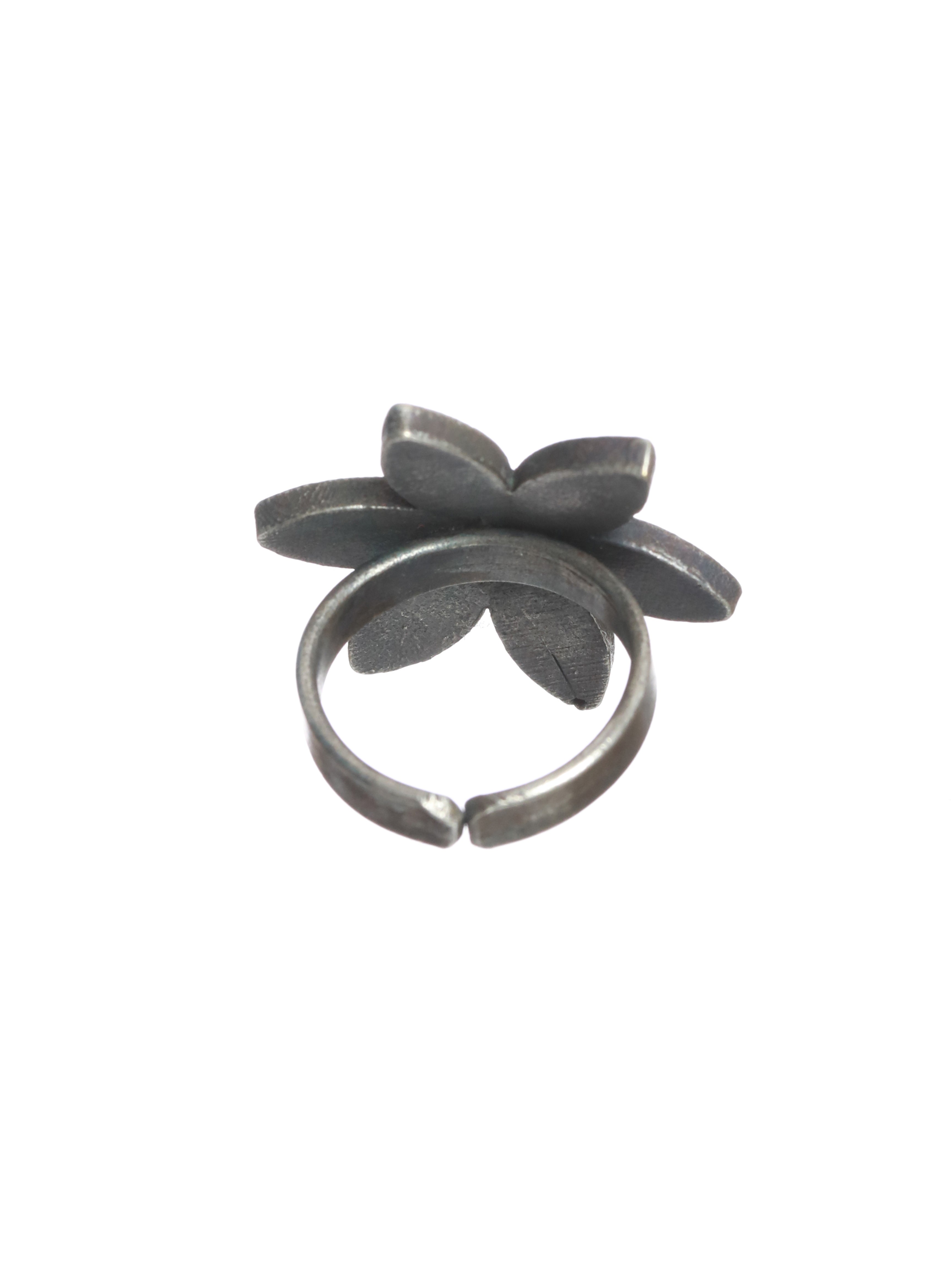 Oxidised Floral-Shaped Silver-Plated Adjustable Finger Ring - Jazzandsizzle