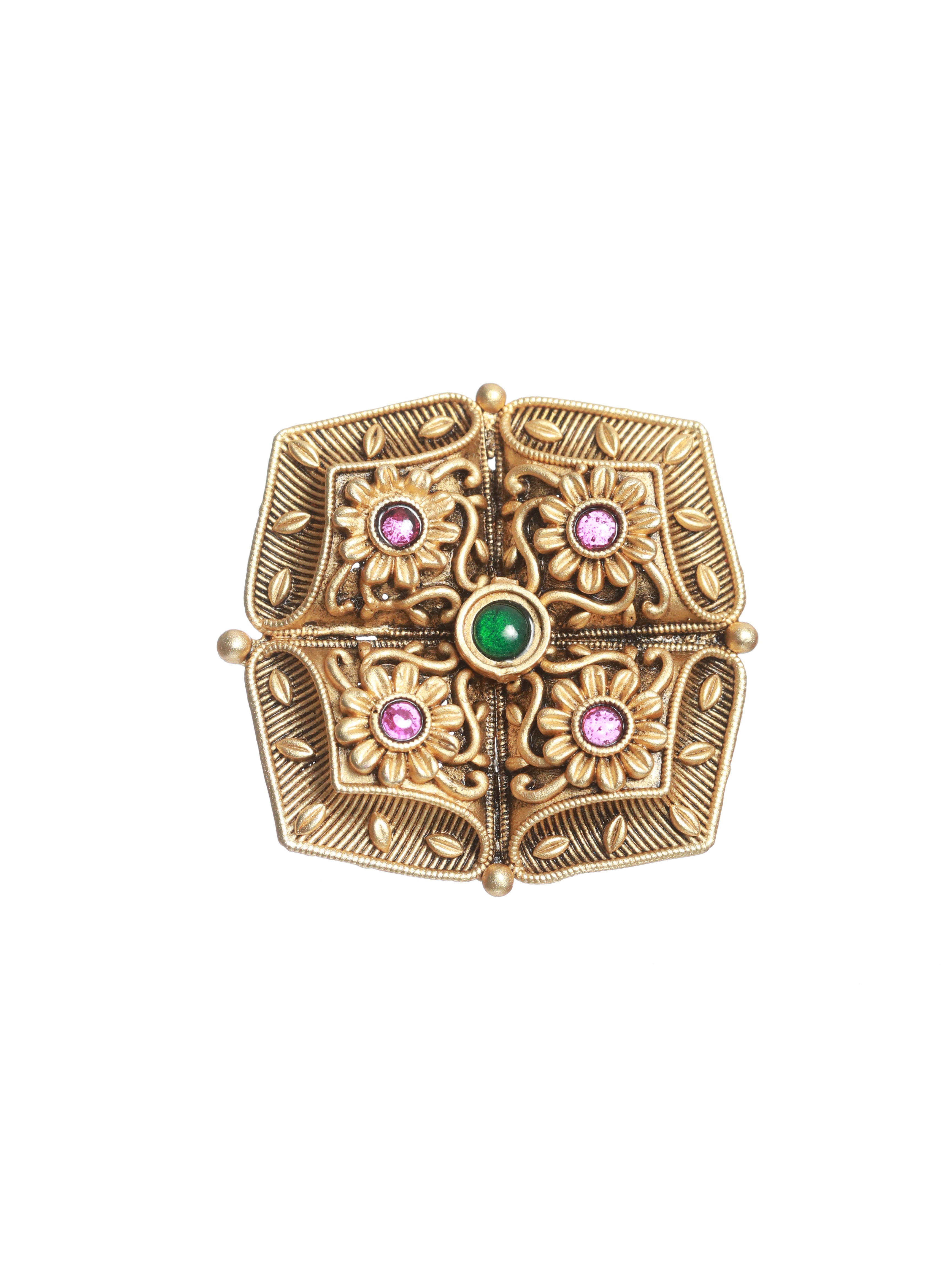 Gold-Plated Marron & Green Stone-Studded Finger Ring