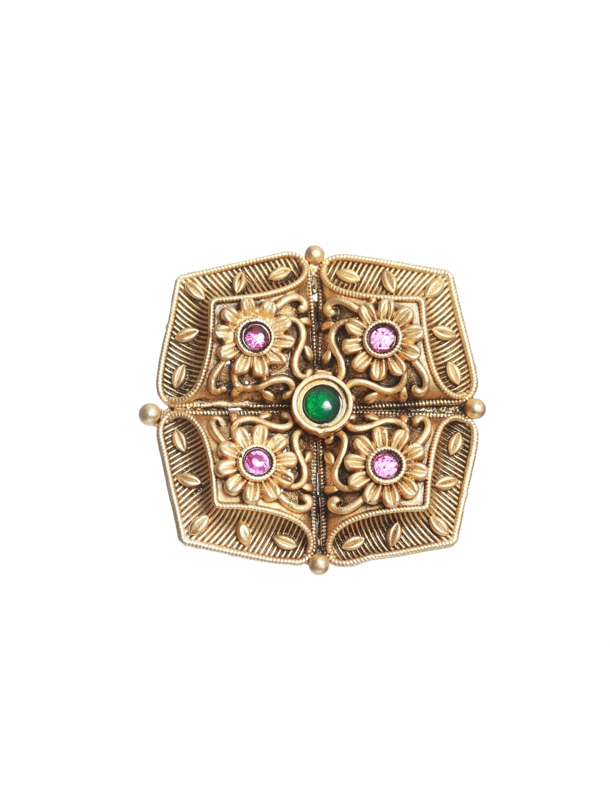 Gold-Plated Marron & Green Stone-Studded Finger Ring - Jazzandsizzle