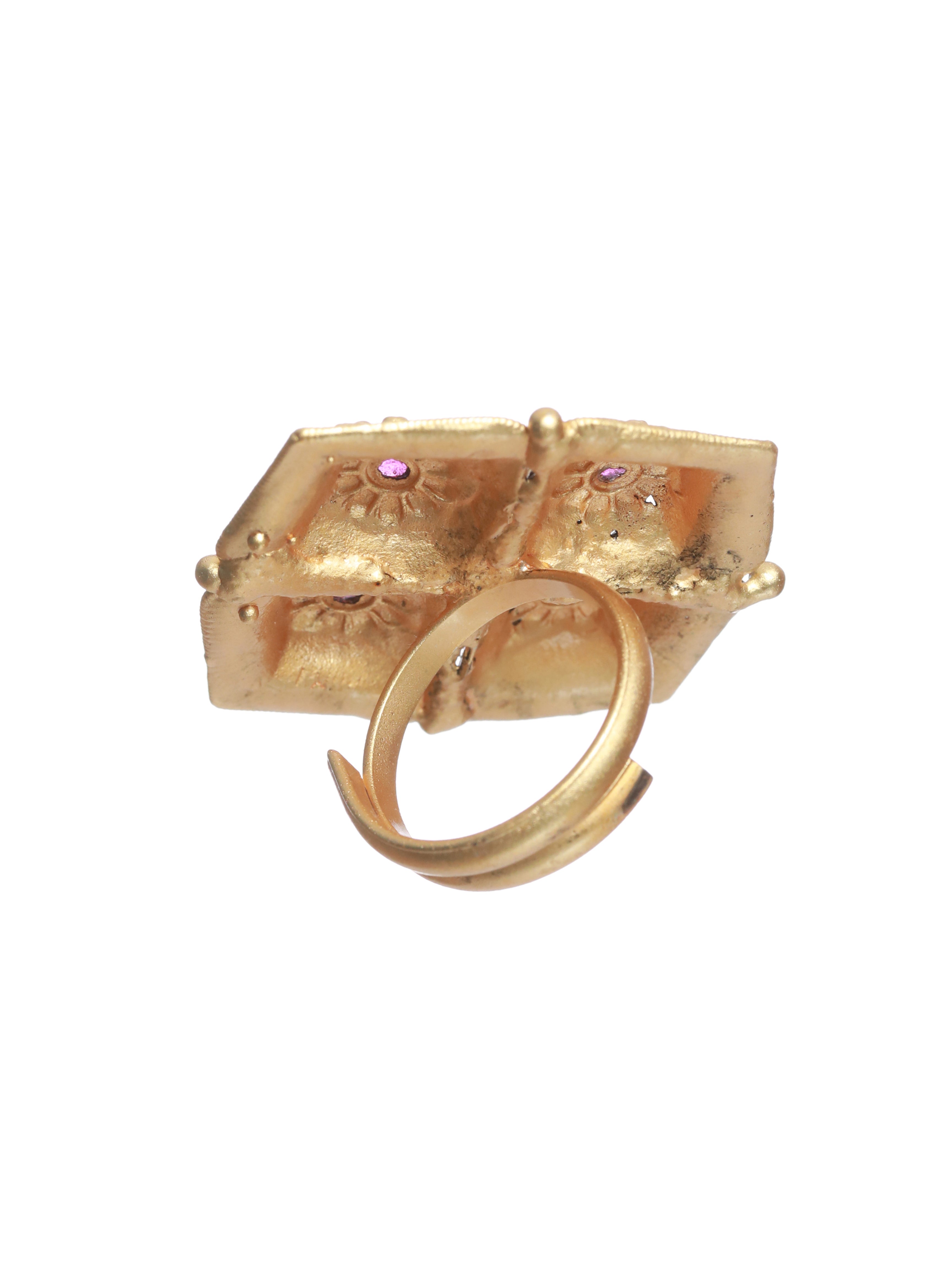 Gold-Plated Marron & Green Stone-Studded Finger Ring - Jazzandsizzle