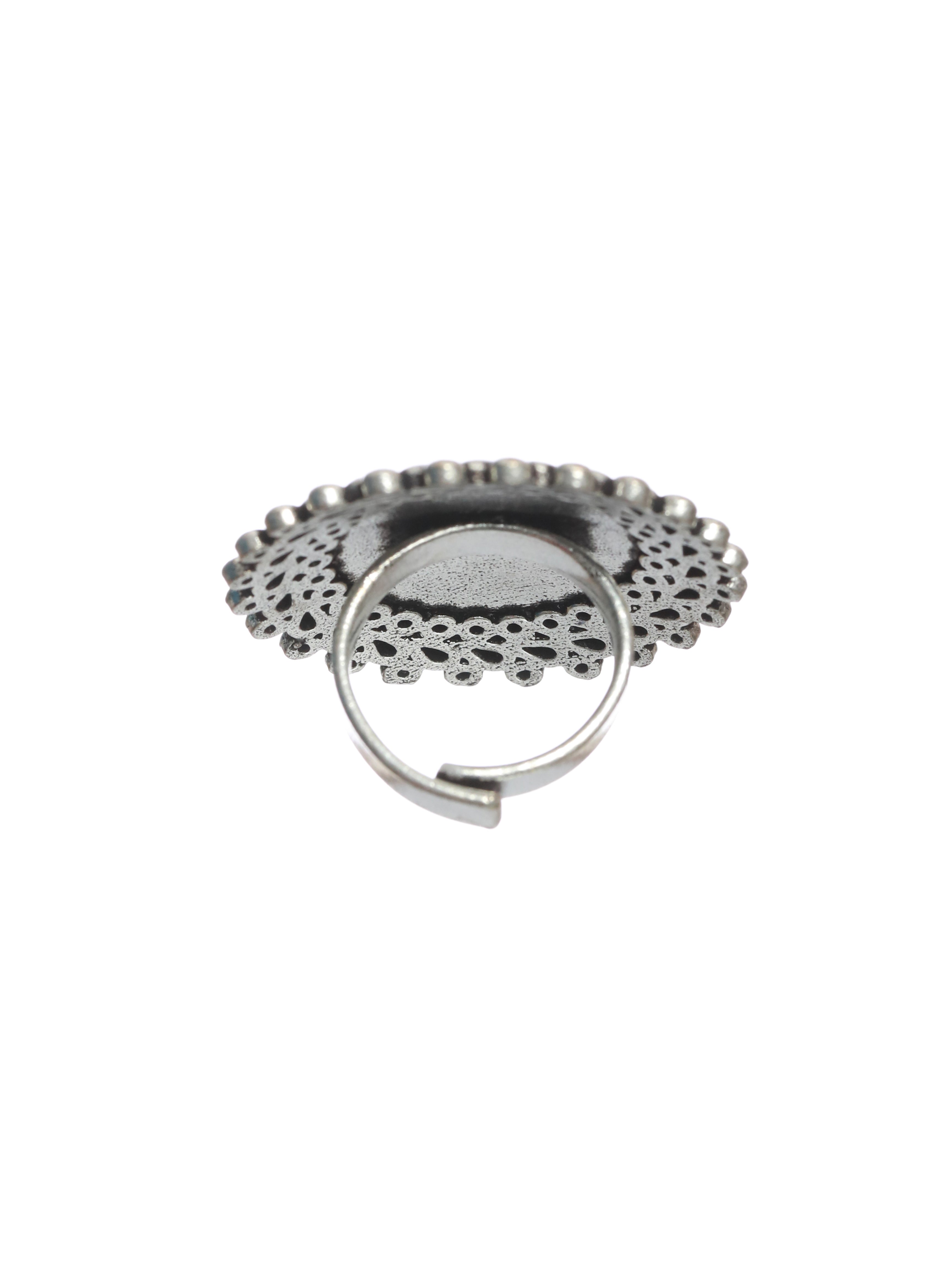 Oxidised Lotus-Shaped Silver-Plated Adjustable Handcrafted Finger Ring