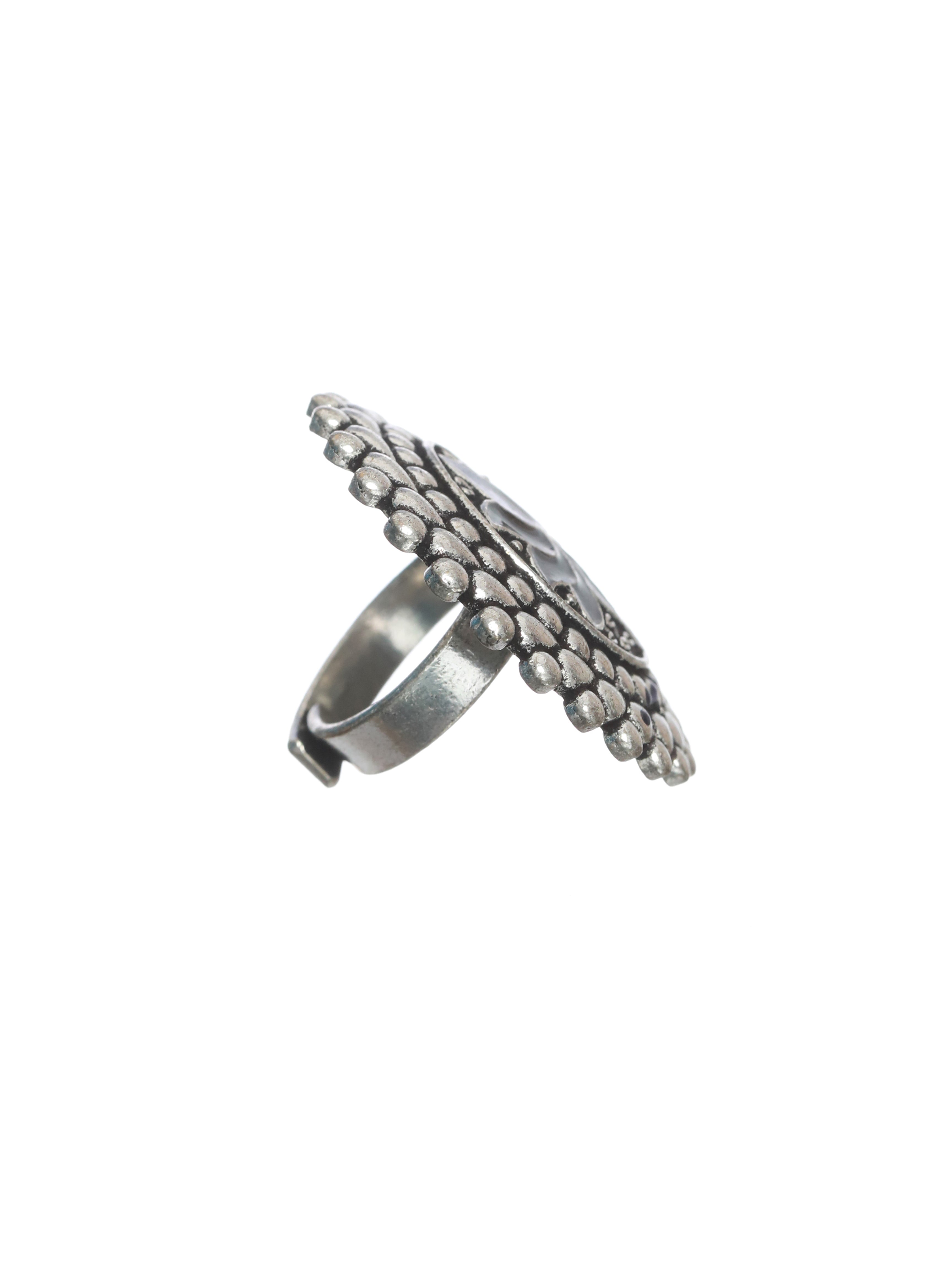 Oxidised Lotus-Shaped Silver-Plated Adjustable Handcrafted Finger Ring