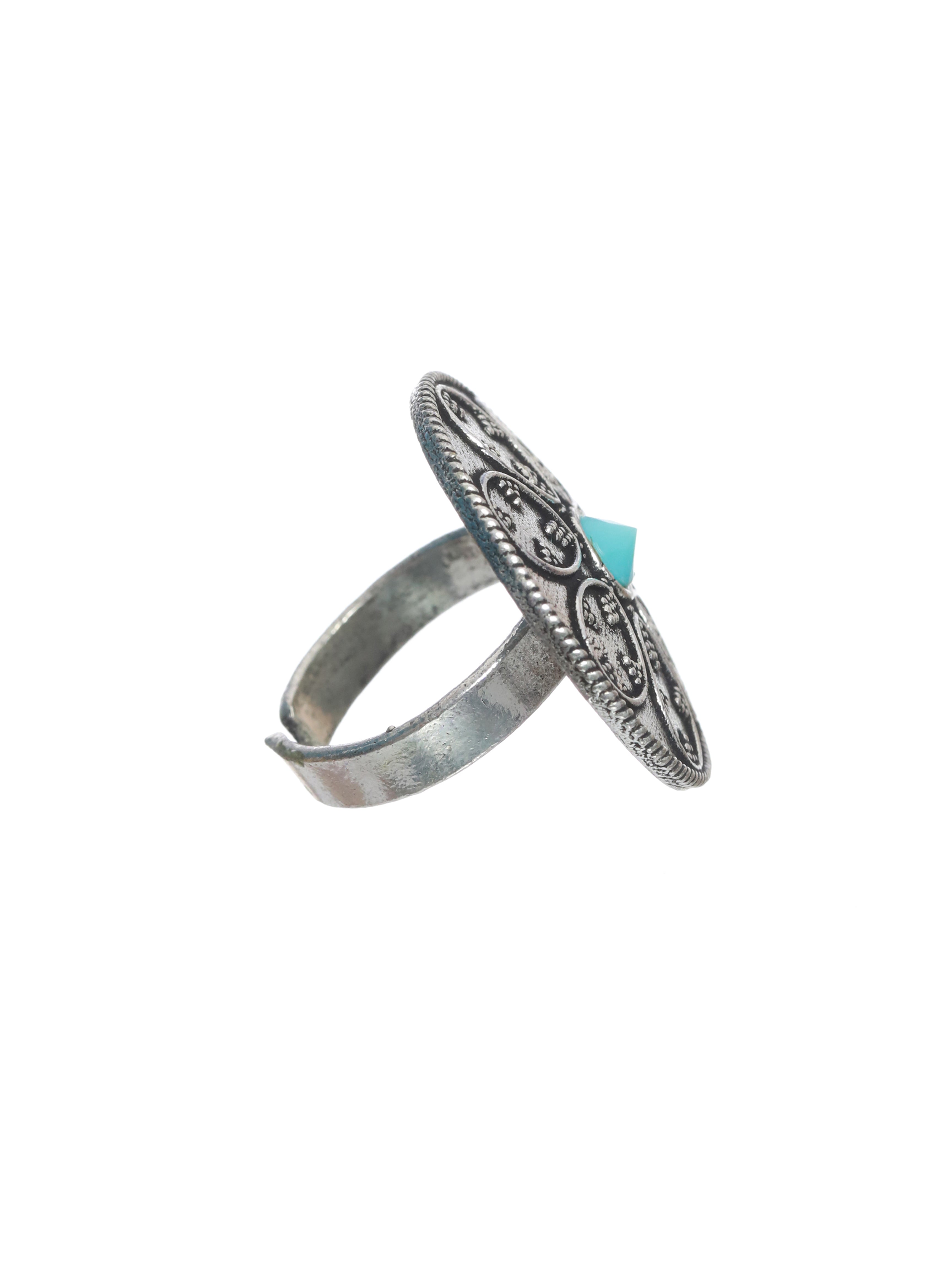Oxidised Silver-Plated Blue Stone-Studded Finger Ring - Jazzandsizzle