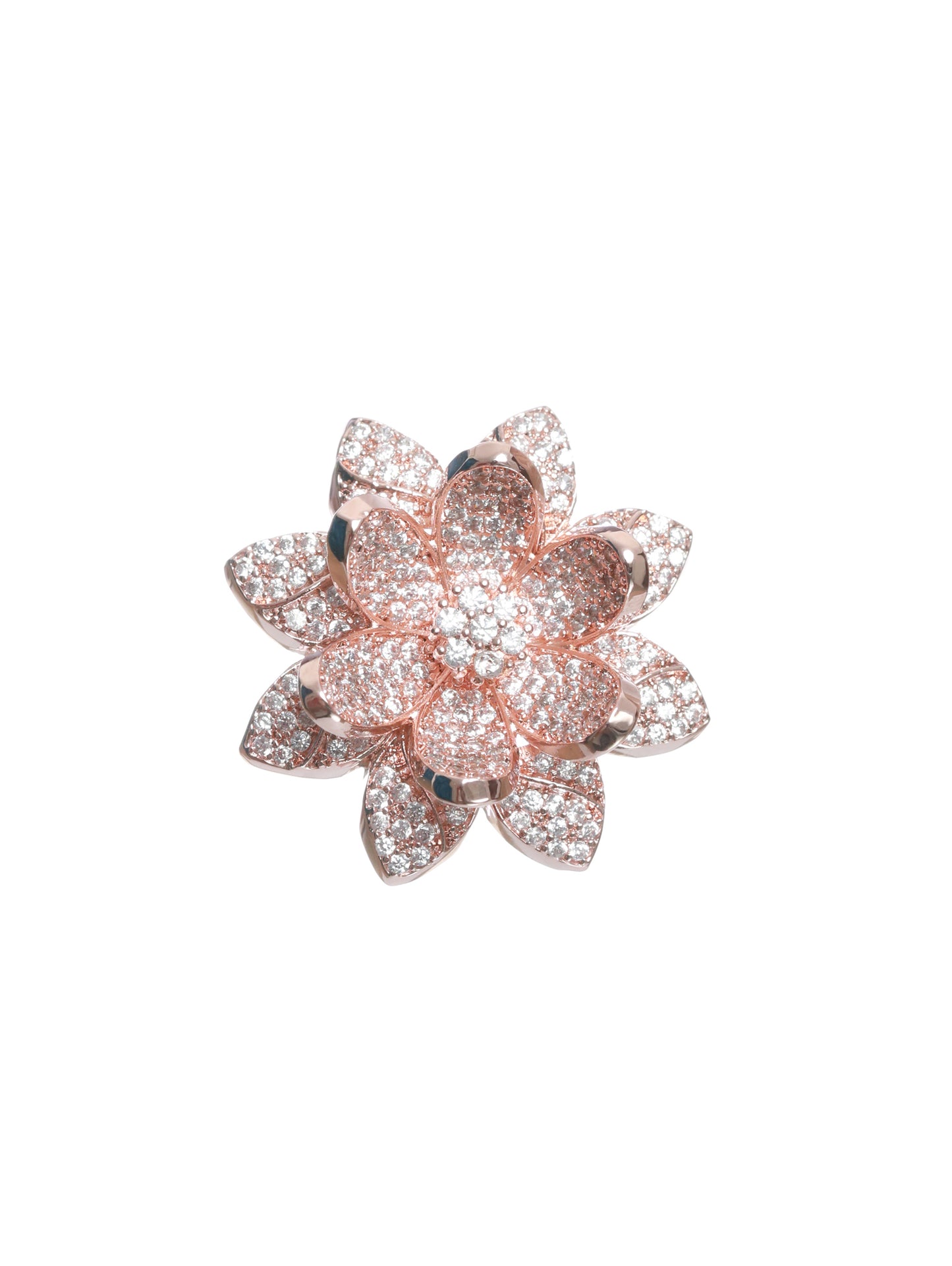 Rose Gold Plated Handcrafted American Diamond Studded Adjustable Floral Finger Ring - Jazzandsizzle