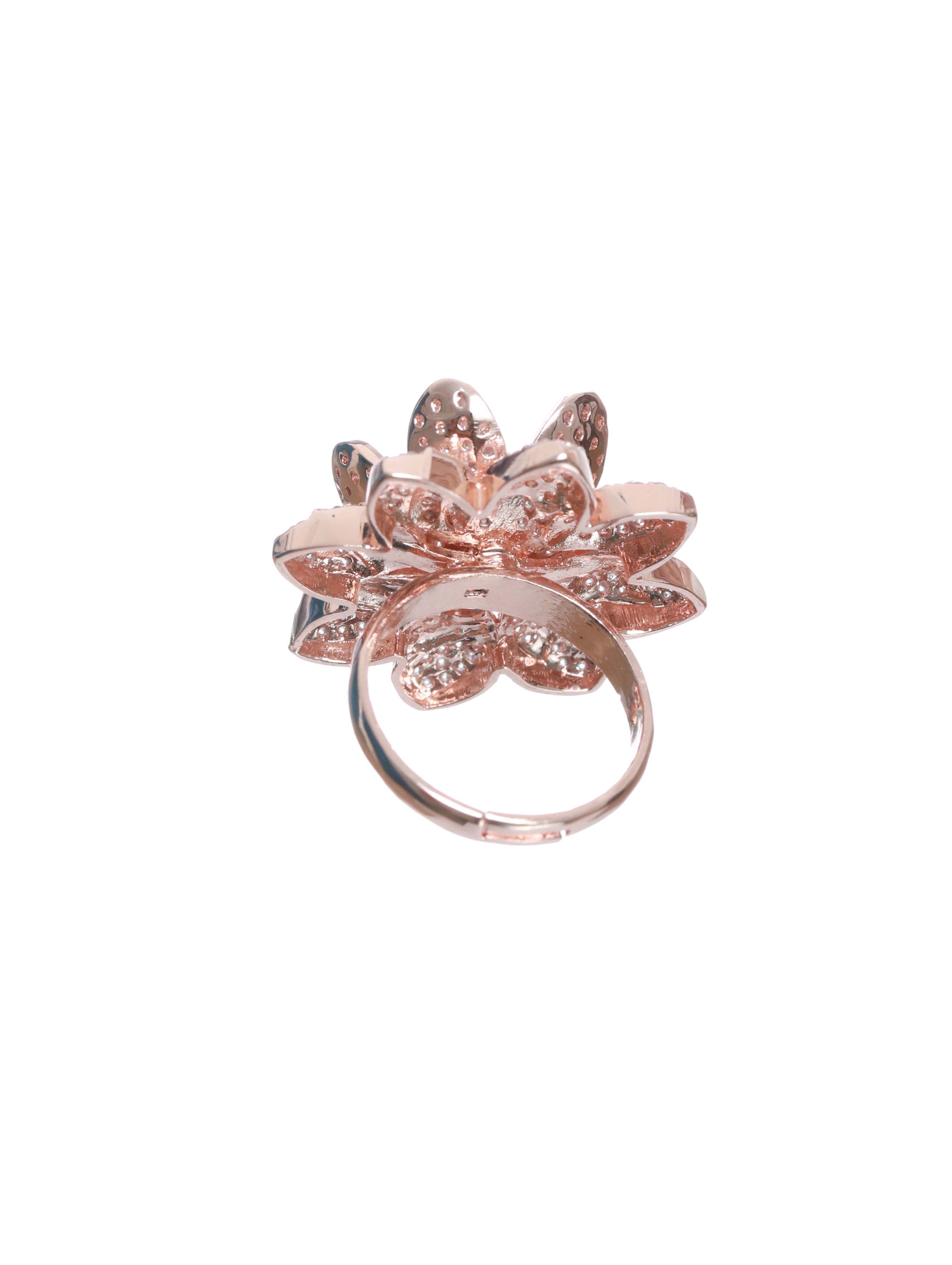 Rose Gold Plated Handcrafted American Diamond Studded Adjustable Floral Finger Ring - Jazzandsizzle