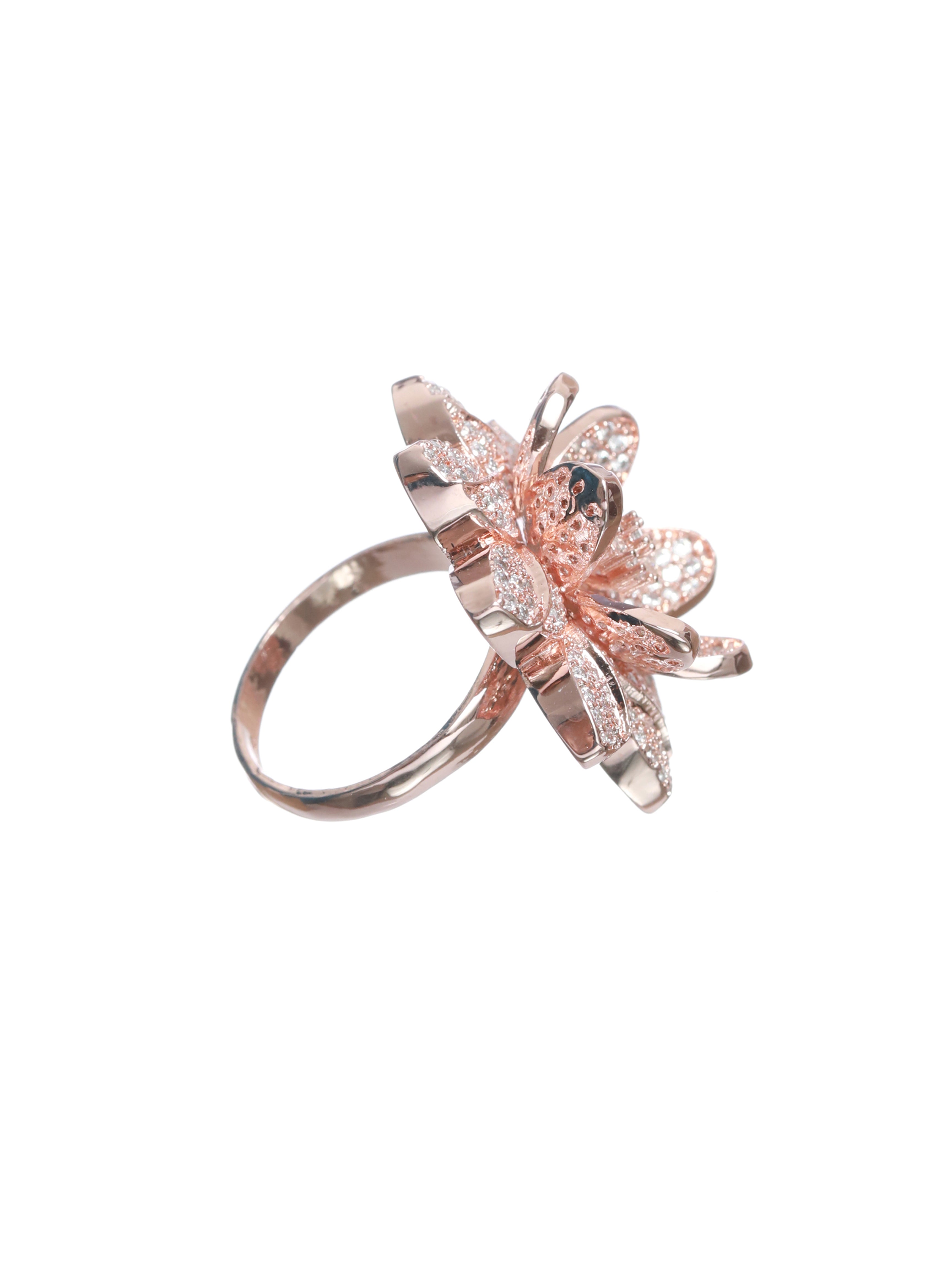 Rose Gold Plated Handcrafted American Diamond Studded Adjustable Floral Finger Ring - Jazzandsizzle
