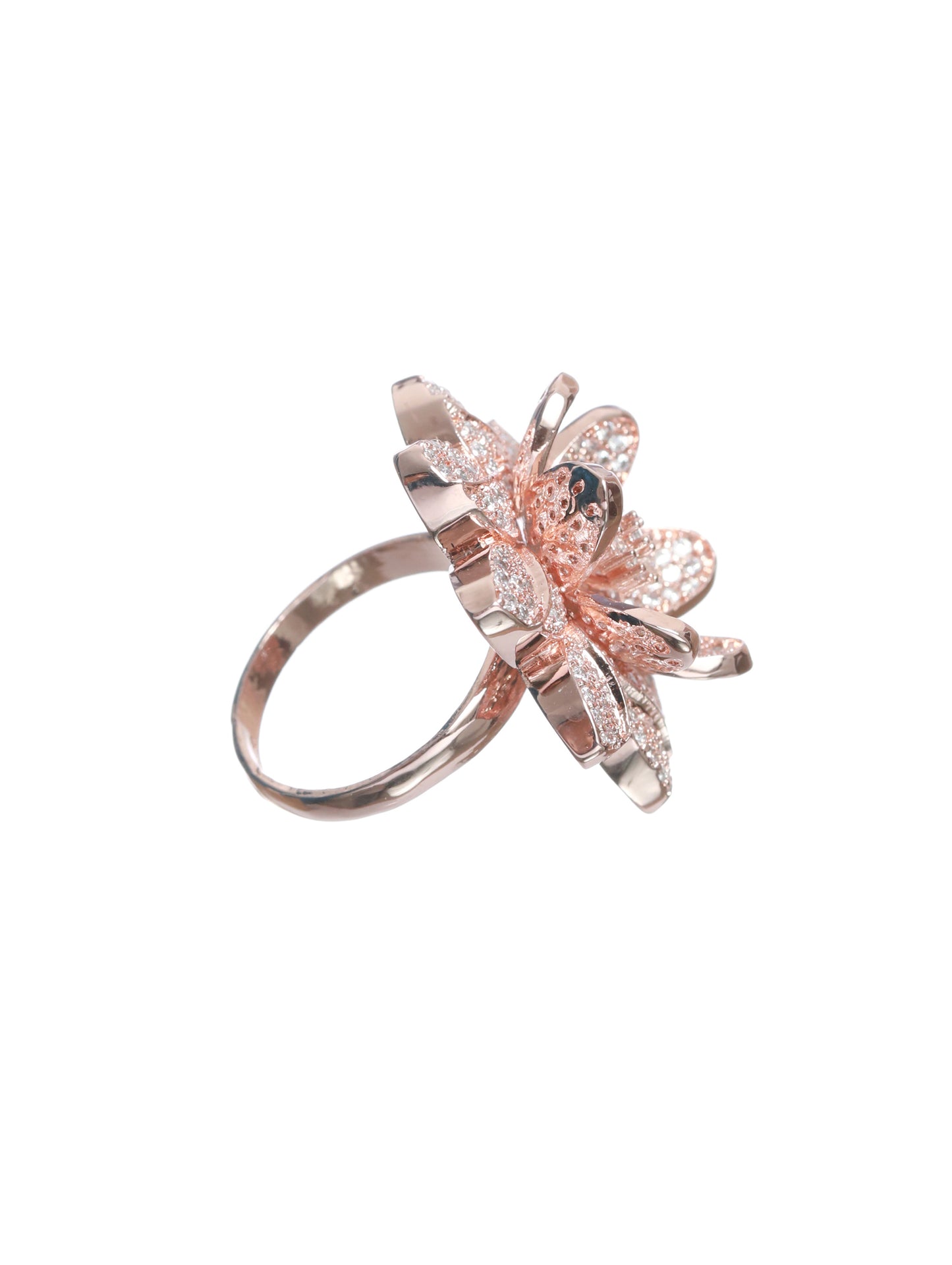 Rose Gold Plated Handcrafted American Diamond Studded Adjustable Floral Finger Ring - Jazzandsizzle