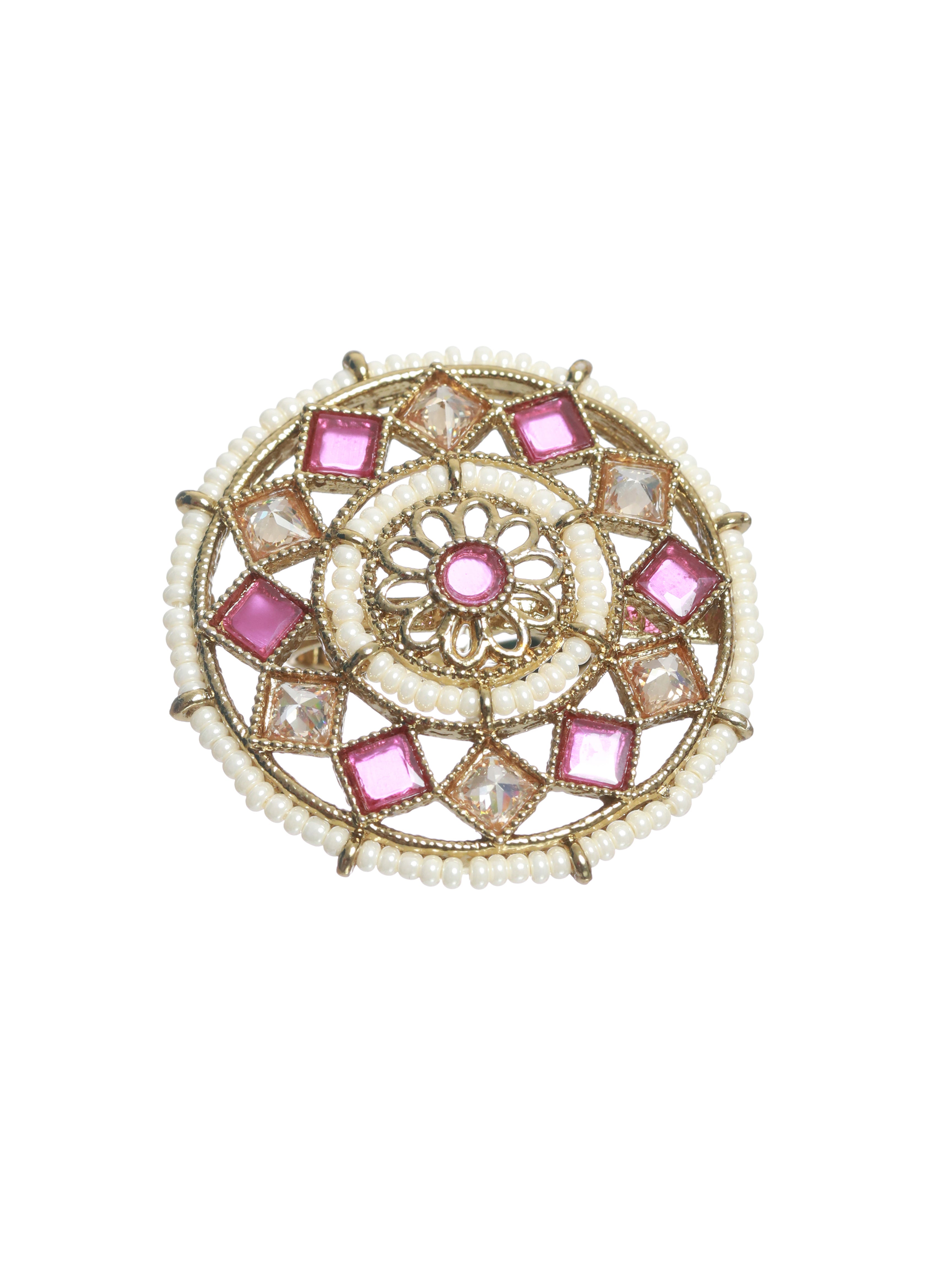 Gold-Toned Pink & White Stone Studded & Beaded Finger Ring
