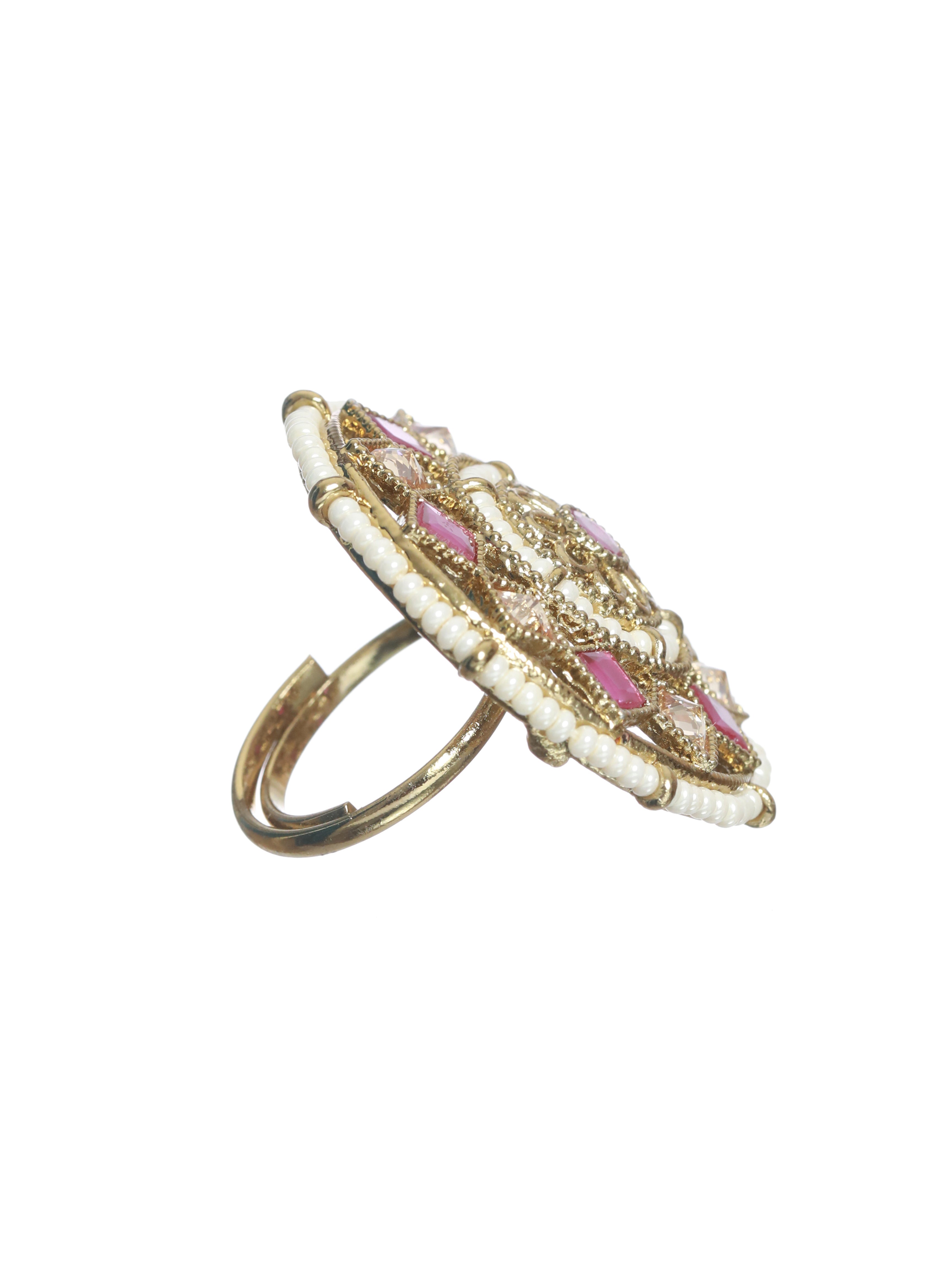 Gold-Toned Pink & White Stone Studded & Beaded Finger Ring