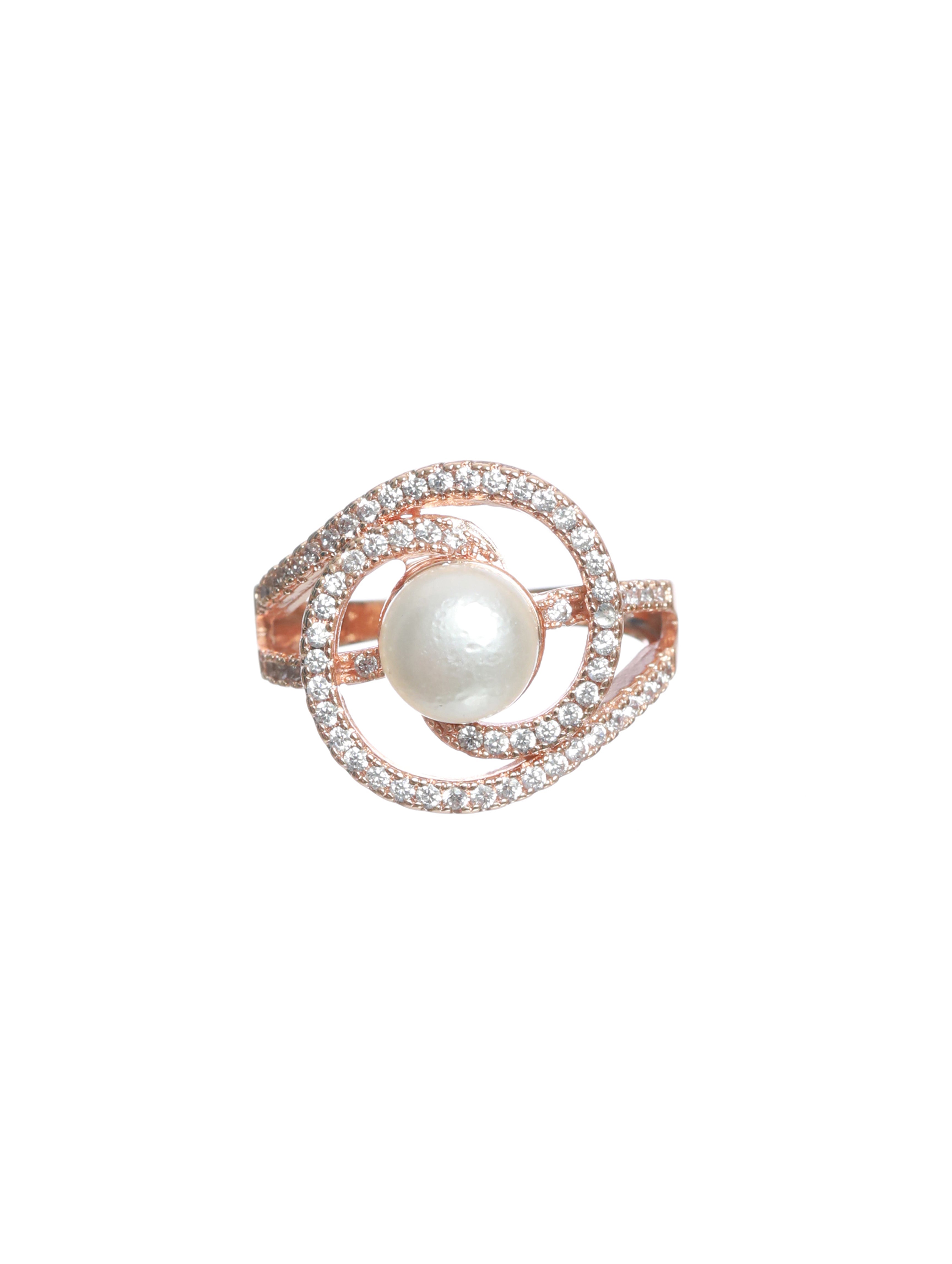 Rose Gold-Plated White CZ-Studded Adjustable Pearl Ring