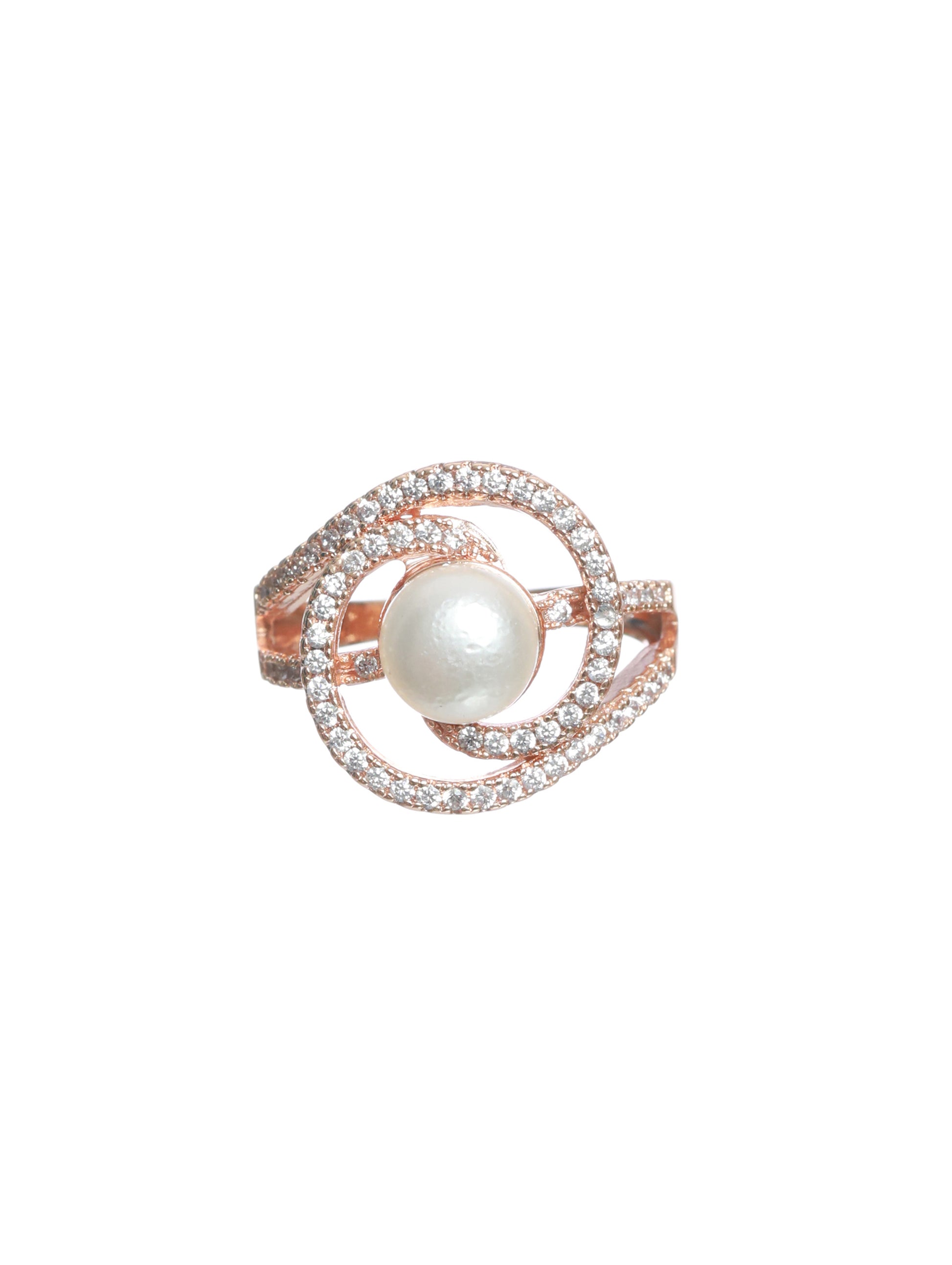 Rose Gold-Plated White CZ-Studded Adjustable Pearl Ring - Jazzandsizzle