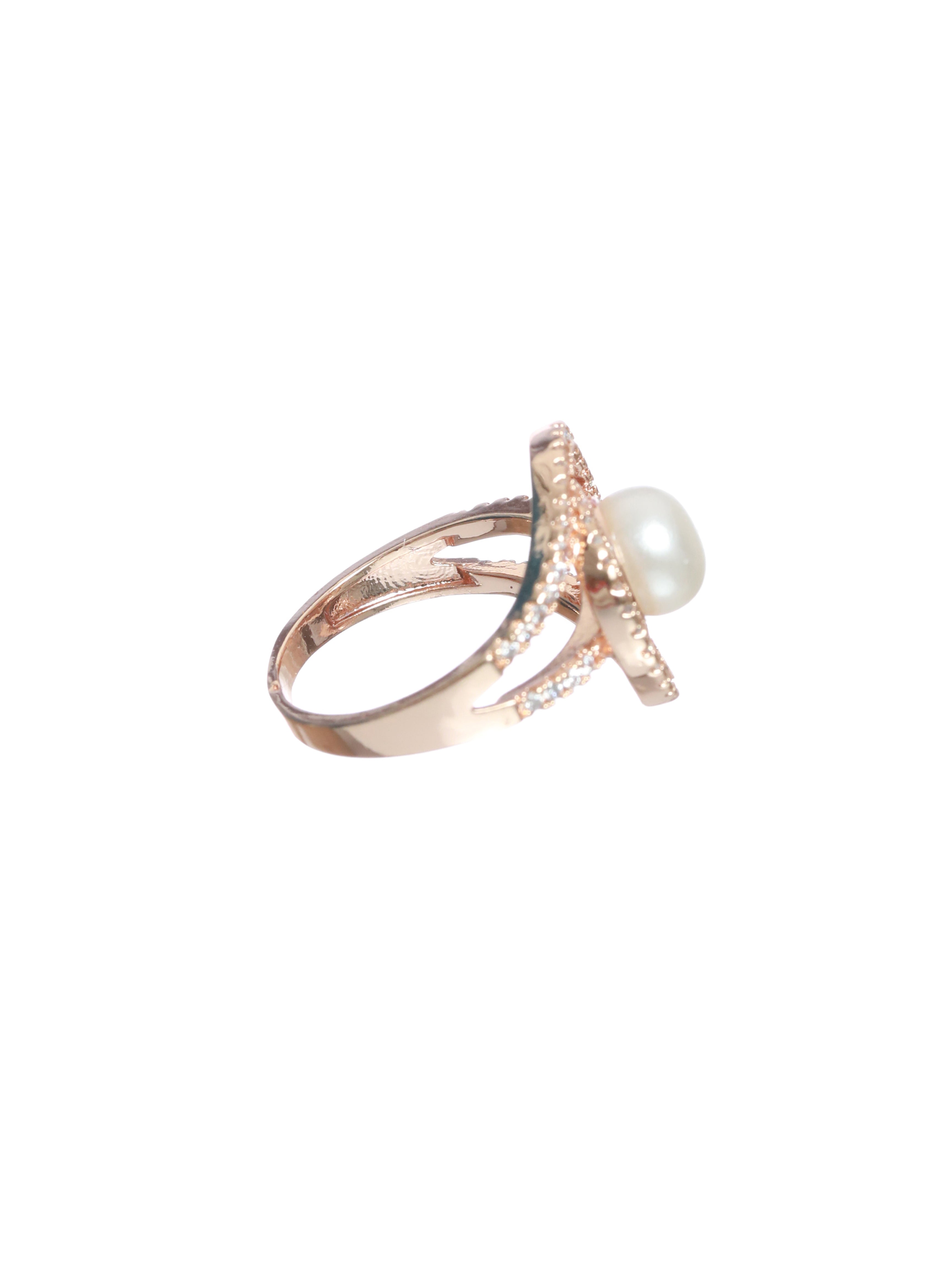 Rose Gold-Plated White CZ-Studded Adjustable Pearl Ring