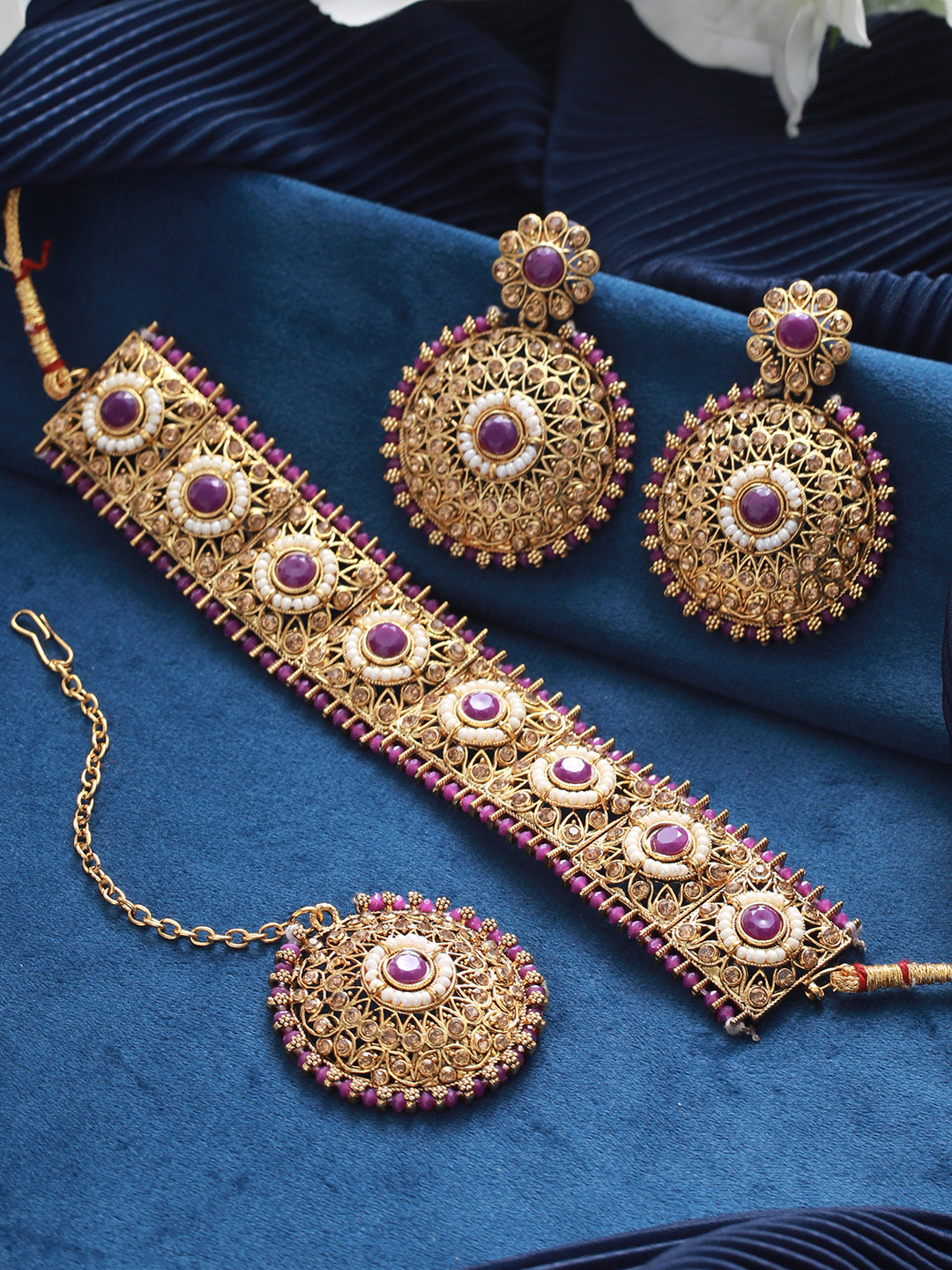 Gold-Plated Purple & White Kundan Studded & Beaded Choker Jewellery Set with Maangtikka - Jazzandsizzle