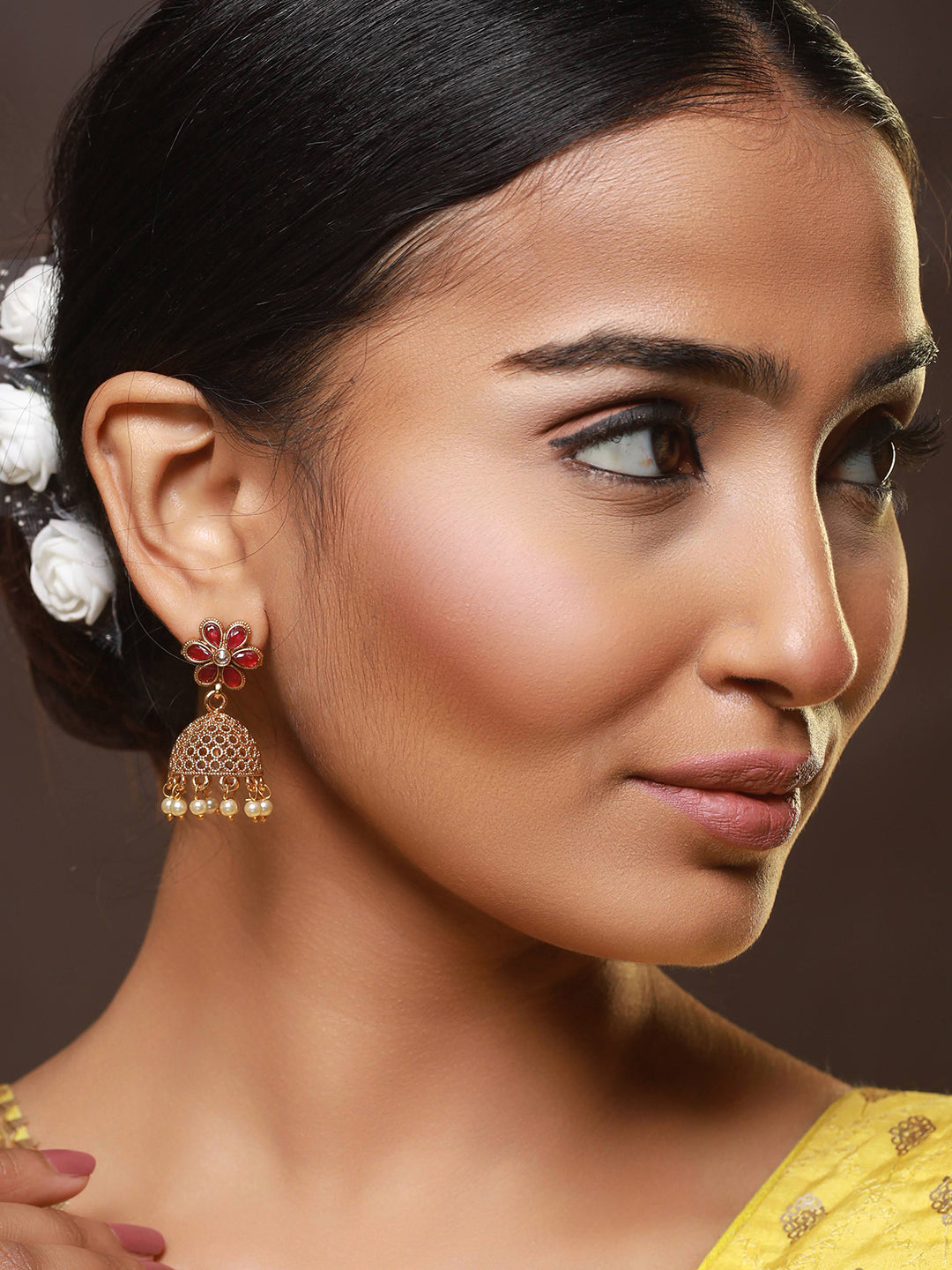 Gold Plated & Red Stone Studded, Pearl Beaded Dome Shaped Jhumka Earring - Jazzandsizzle