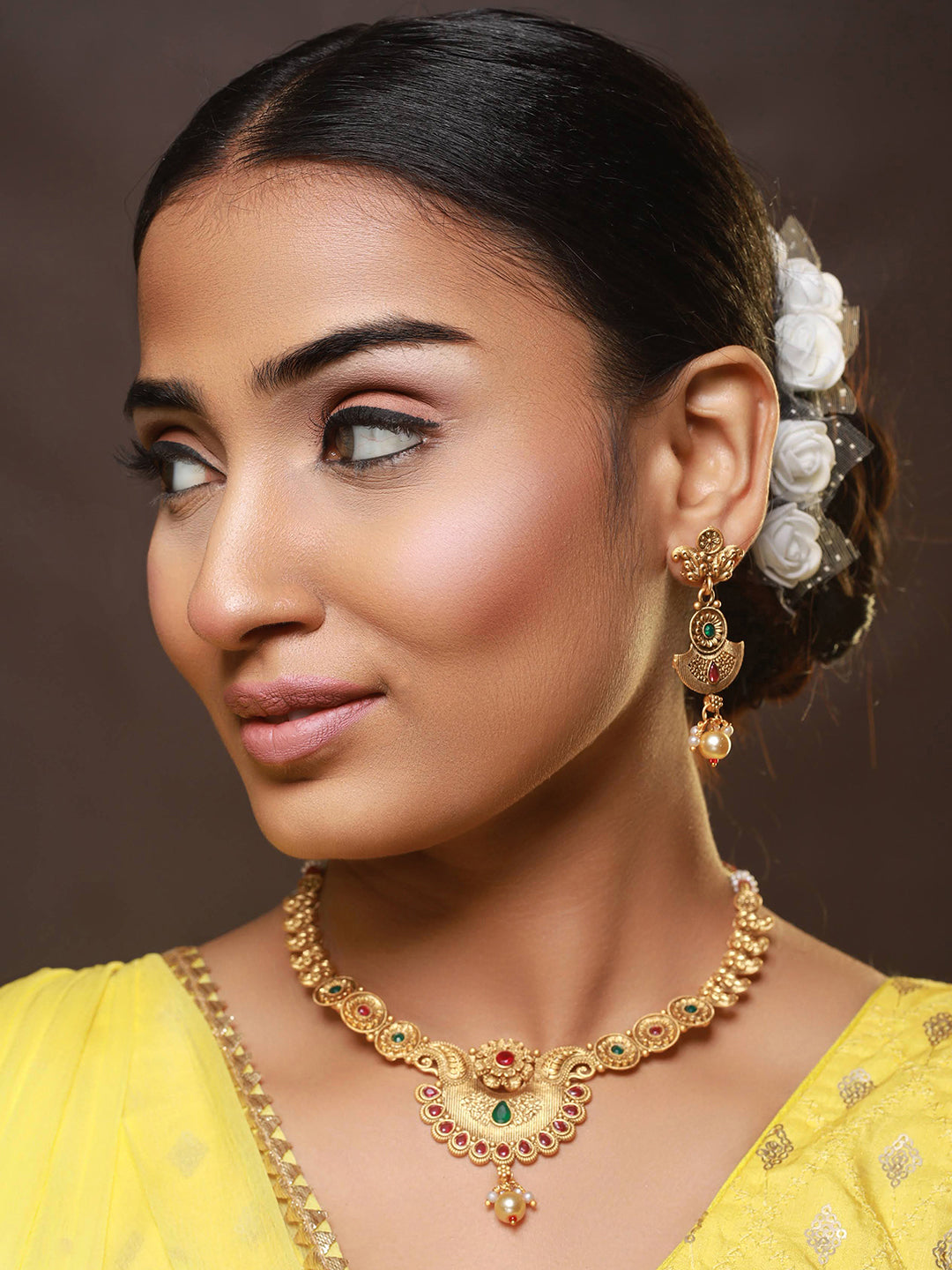 Gold-Plated Red & Green Stone Studded & Pearl Drop Handcrafted Jewellery Set - Jazzandsizzle