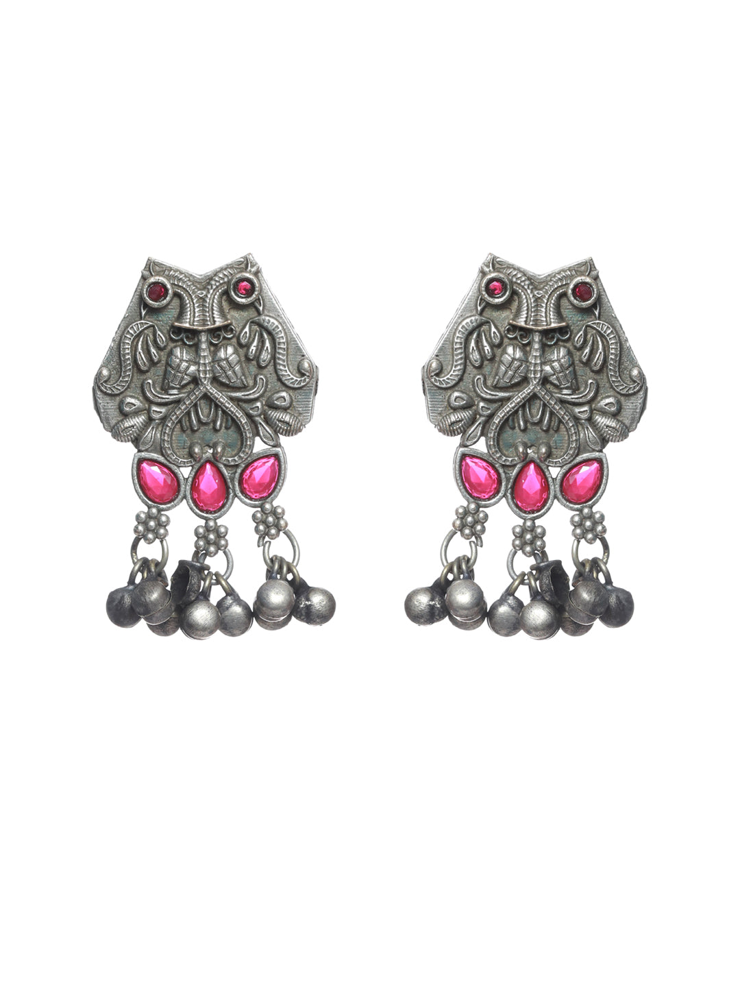 Oxidised Silver Toned ,Red stone studded Contemporary Owl Shaped Drop Earrings - Jazzandsizzle
