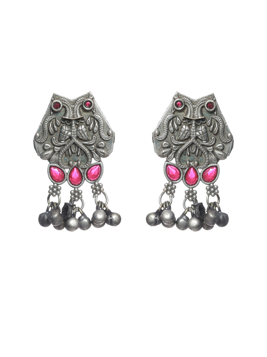 Oxidised Silver Toned ,Red stone studded Contemporary Owl Shaped Drop Earrings - Jazzandsizzle