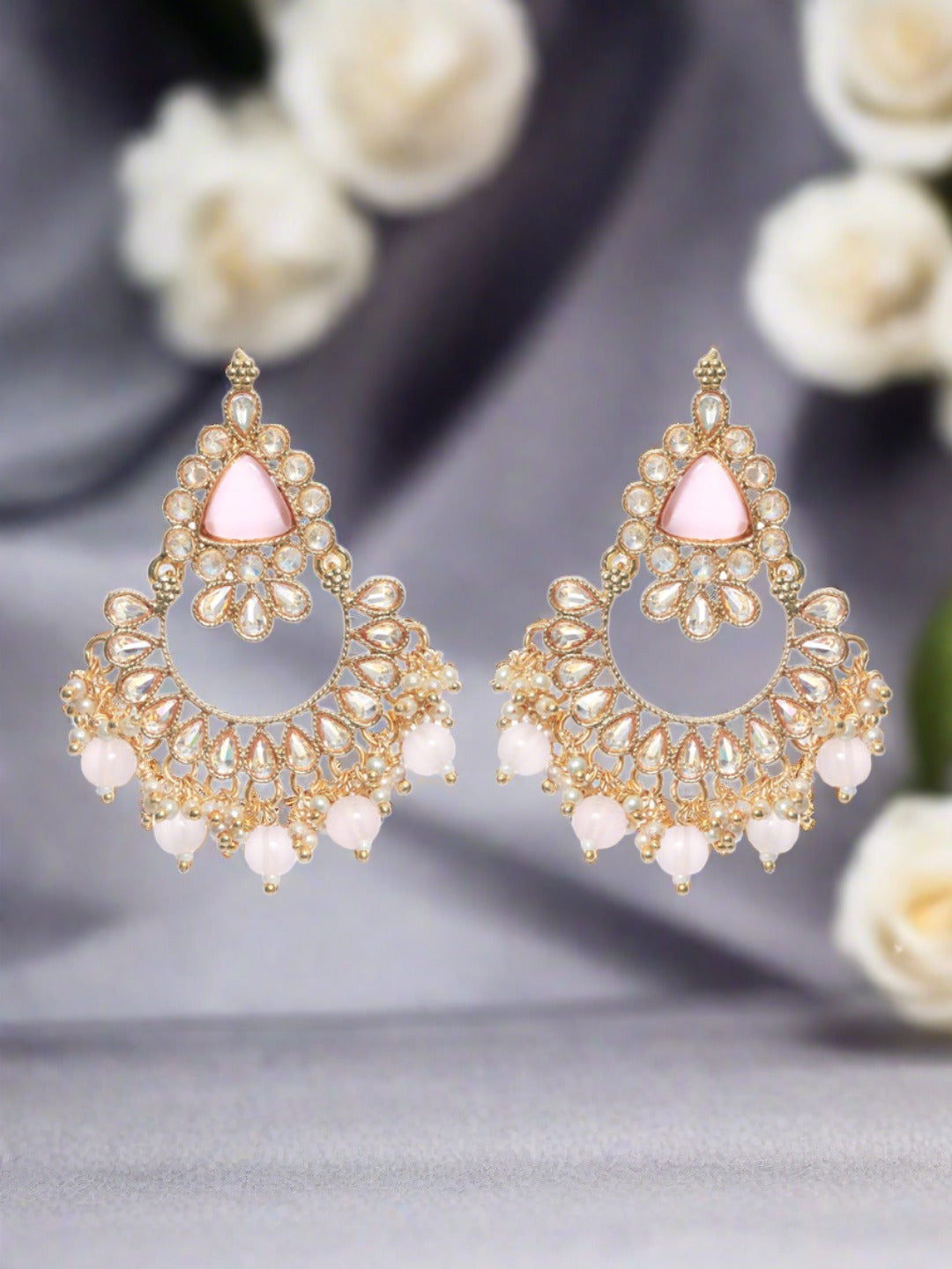 White Kundan Studed & Pink Stone,Gold Plated Chandbali Earrings - Jazzandsizzle