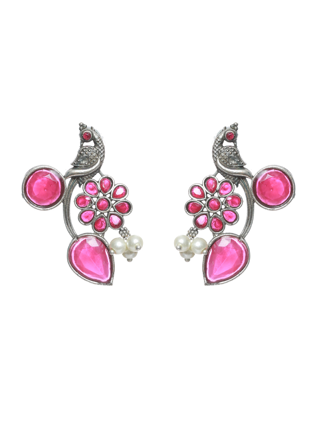 Silver Toned Oxidised-Pink stone studded Contemporary Peacock Shaped Drop Earrings