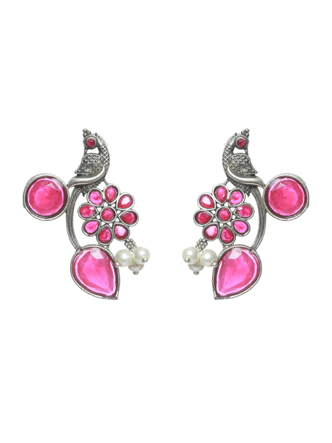 Silver Toned Oxidised-Pink stone studded Contemporary Peacock Shaped Drop Earrings - Jazzandsizzle