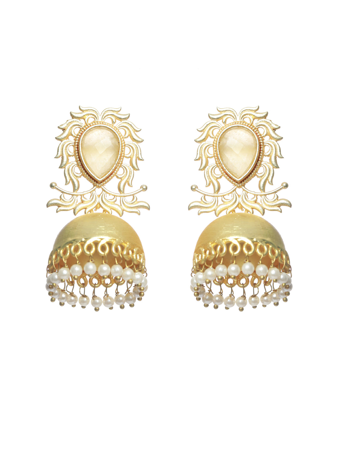 Gold-Plated & Yellow MonaLisa stone studded Dome-Shaped White Beaded Jhumka - Jazzandsizzle