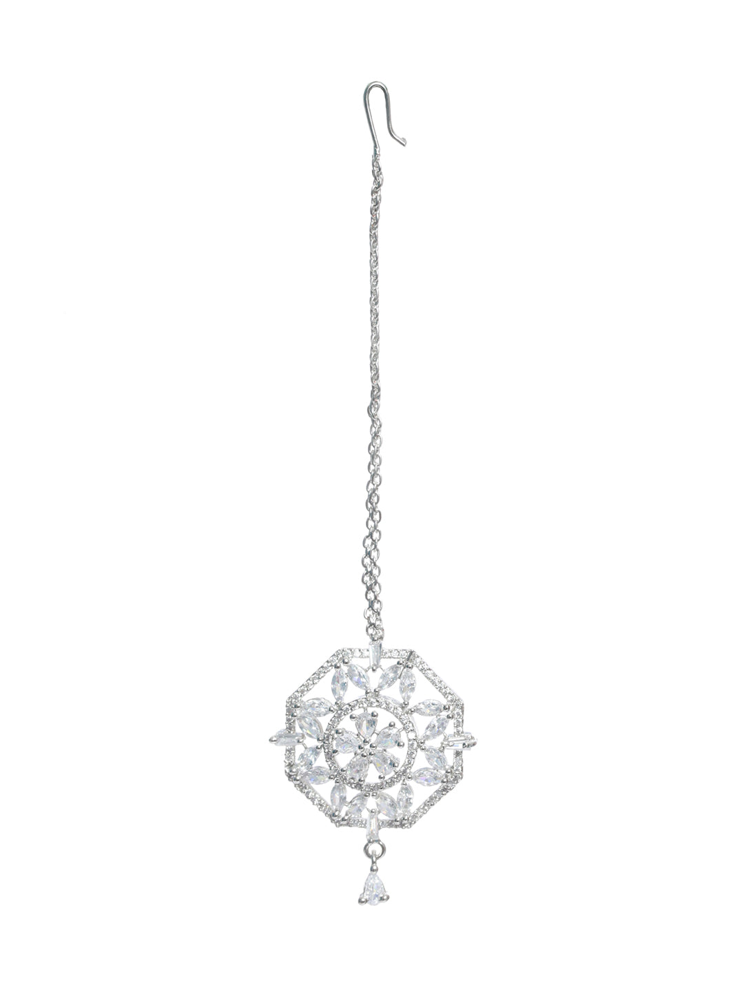 Silver-Plated White AD & CZ-Studded Handcrafted Jadau Maang Tikka - Jazzandsizzle