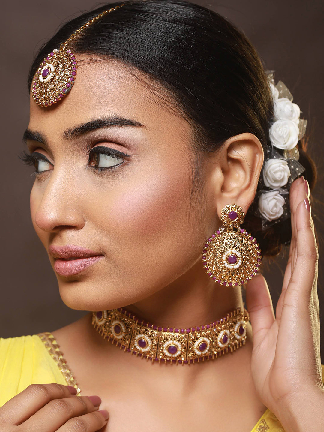 Gold-Plated Purple & White Kundan Studded & Beaded Choker Jewellery Set with Maangtikka - Jazzandsizzle