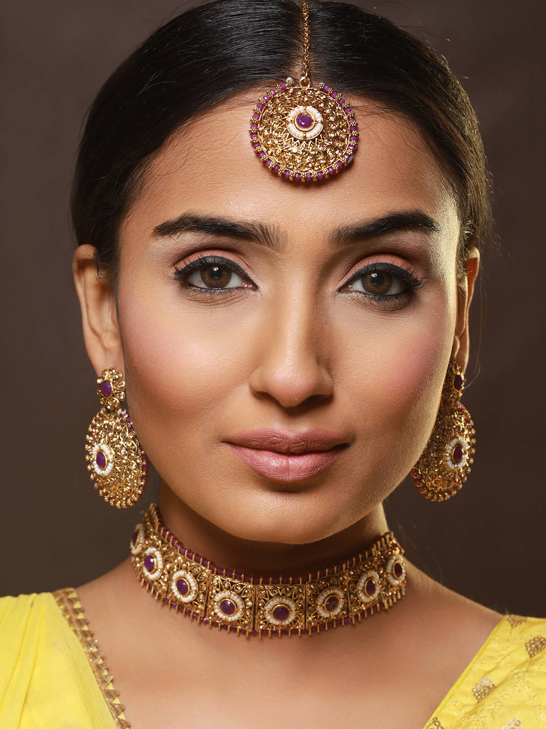 Gold-Plated Purple & White Kundan Studded & Beaded Choker Jewellery Set with Maangtikka - Jazzandsizzle