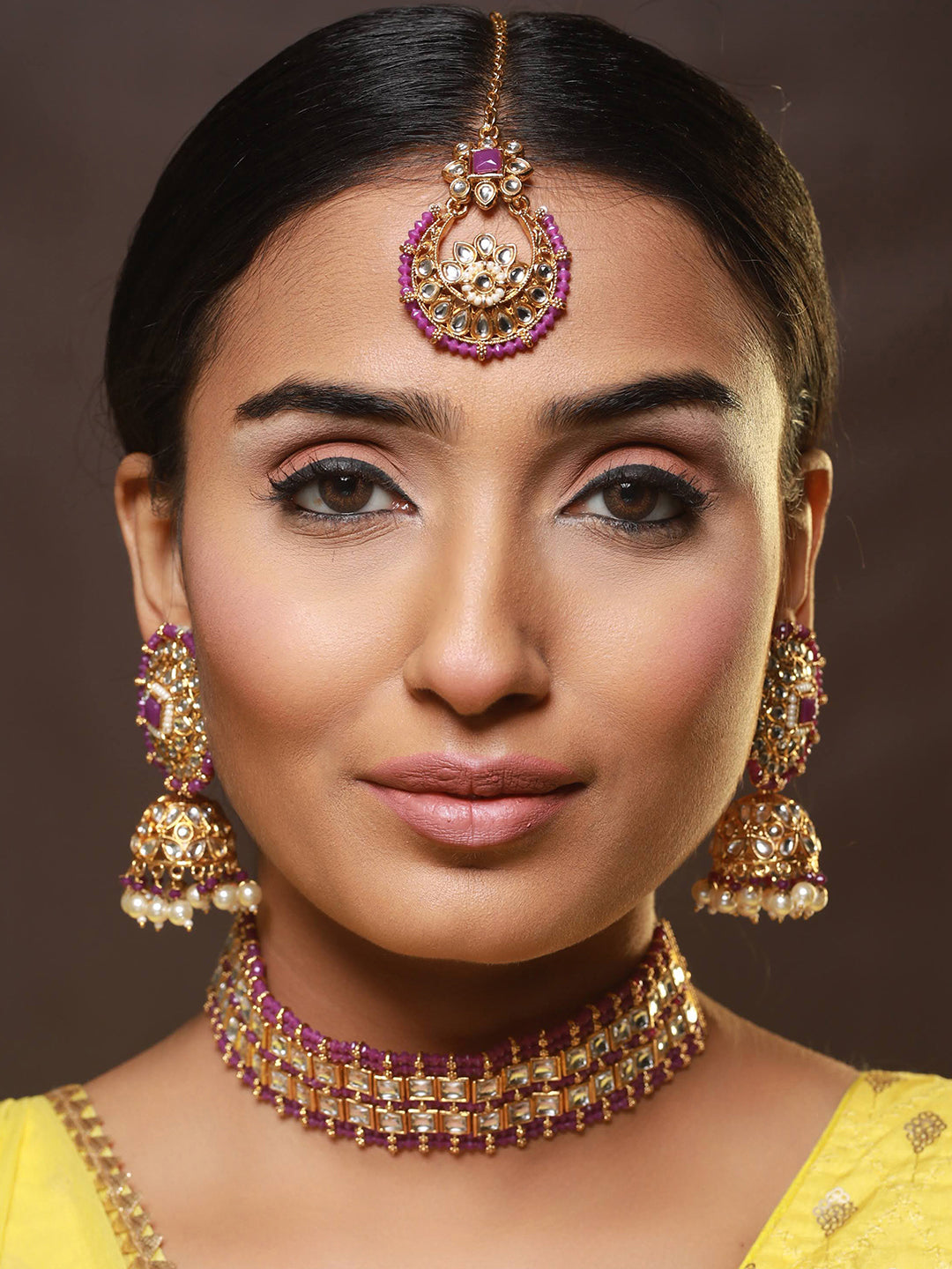 Gold-Plated Wine Kundan Studded & Pearl Beaded Choker Jewellery Set with Maangtikka - Jazzandsizzle