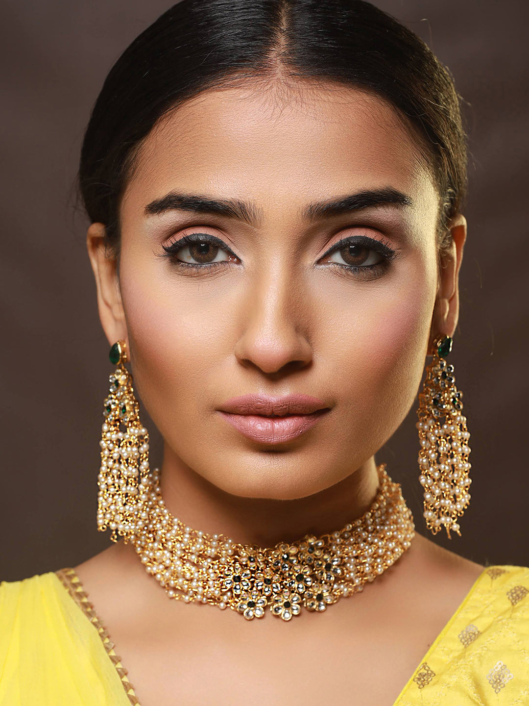 Gold-Plated Green Kundan Studded & Pearl Beaded Multilayered Choker Jewellery Set - Jazzandsizzle